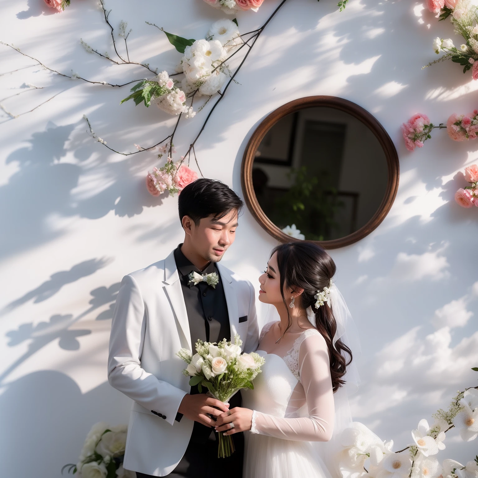 bride and groom standing in front of a white wall with flowers, with backdrop of natural light, ao dai, wedding photo, lovely couple, with flowers, in front of white back drop, in style of lam manh, sha xi, wedding photography, 35 mm, 3 5 mm, 35mm, profile image, photoshoot, with ivy, professional wedding photography