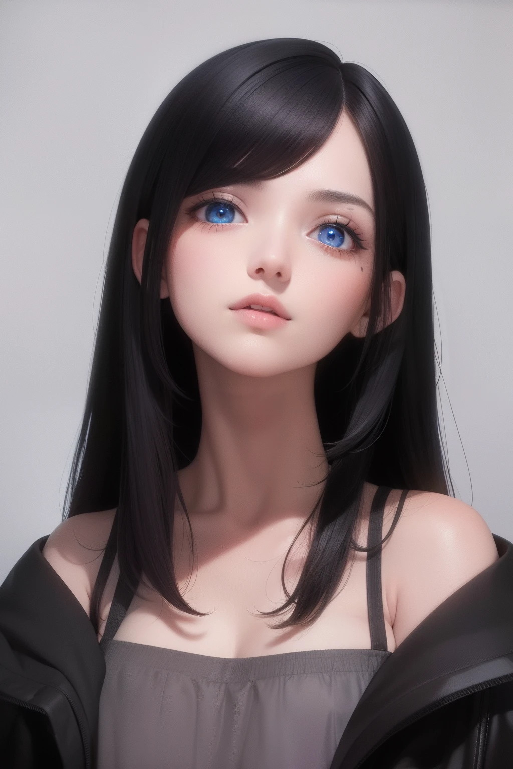 best quality, masterpiece, black hair, blue eyes, looking up, upper body