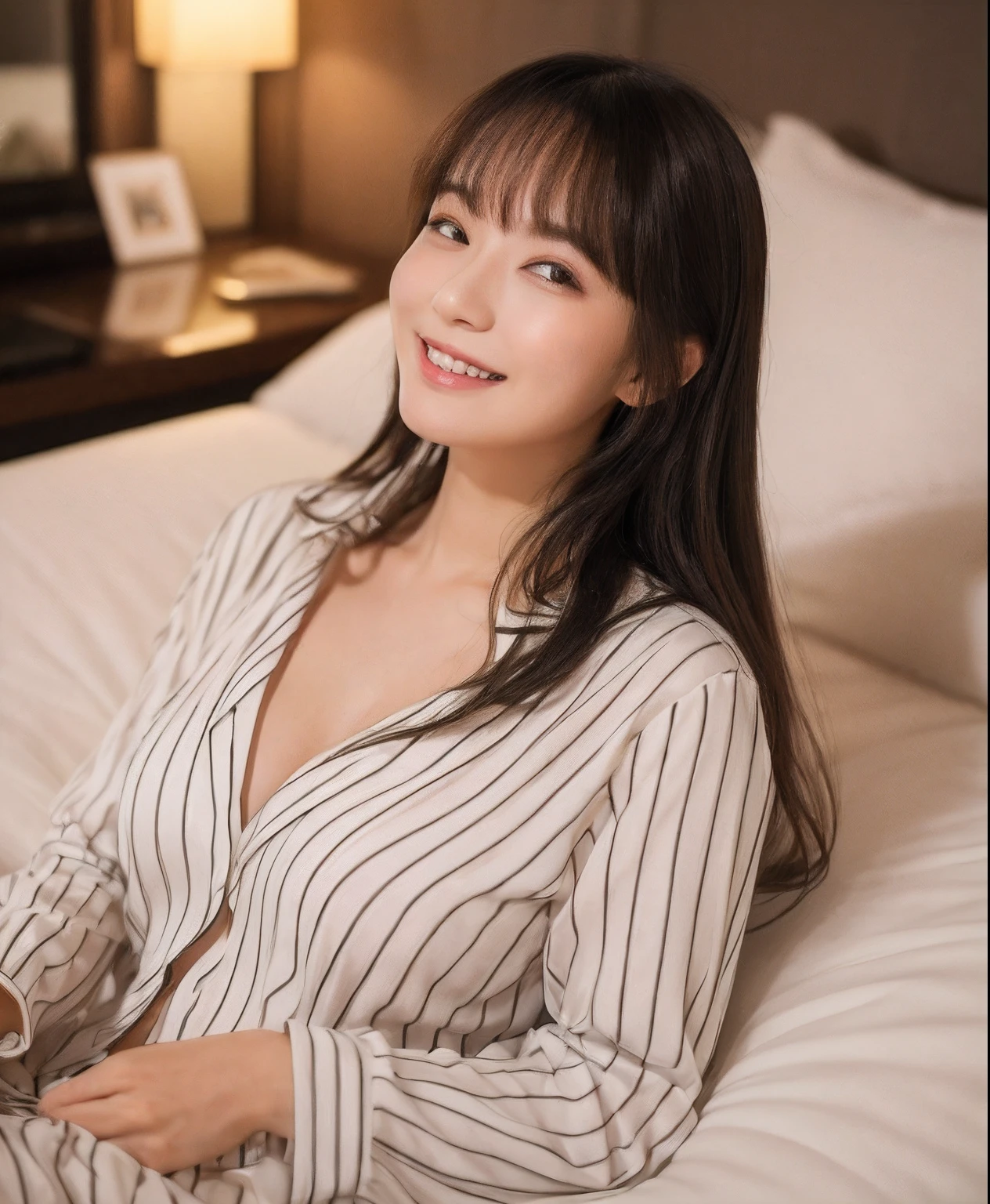 ((top-quality、in 8K、masterpiece:1.3))、1girl in、Beautiful woman with plump abs emphasized:1.3、(The long-haired、Colossal tits:1.2)、In a hotel bed、Super delicate face、wholesome、二重まぶた、A smile that showed teeth、in pajamas、Looking at the camera、Big smile、Look here、Look at me with your eyes wide open、Cozy feeling、Lying in bed、wearing pajama、Lying alone。