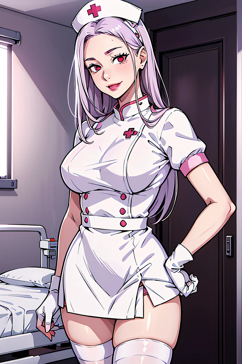 1womanl, Nurse, Nurse Cap, Whiteware, ((White legwear, zettai ryouiki)), White Gloves, Long hair, Purple hair, Red eyes, pink lipsticks, Smile, Standing, ((Hospital room)), sharp outline, Short sleeves, a matural female, 35 year old, Best Quality, masutepiece
