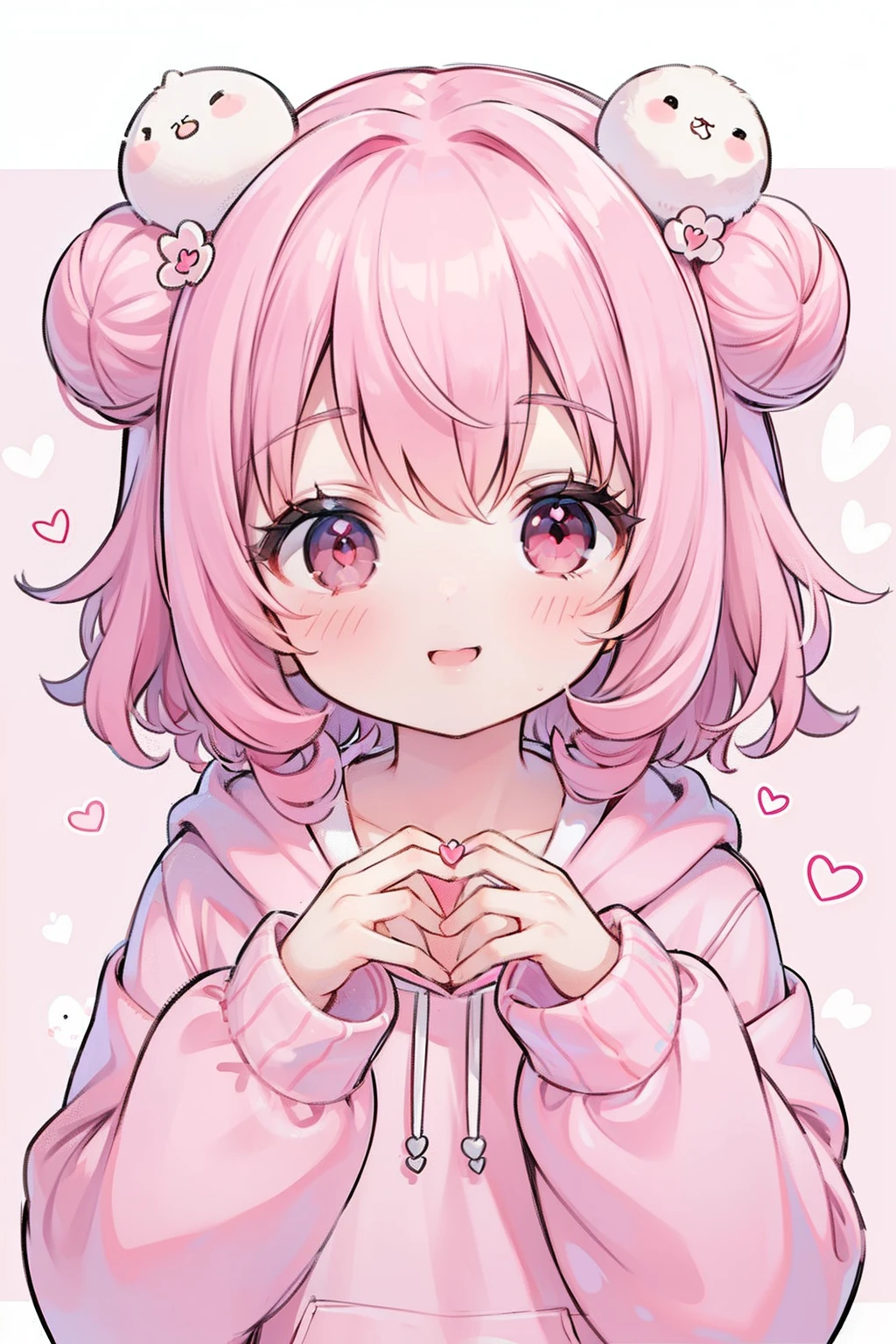 masterpiece, best quality, 1girl, pink hair, short hair, shoulder-length hair, ((curly hair)), two buns, ((red eyes)), (cute), (love), (detail face), wearing animal hoodie, a rabbit hoodie, in the dream, dream background, fantasy background, many hearts, making a heart with hands, pink and white, (smiling), happy
