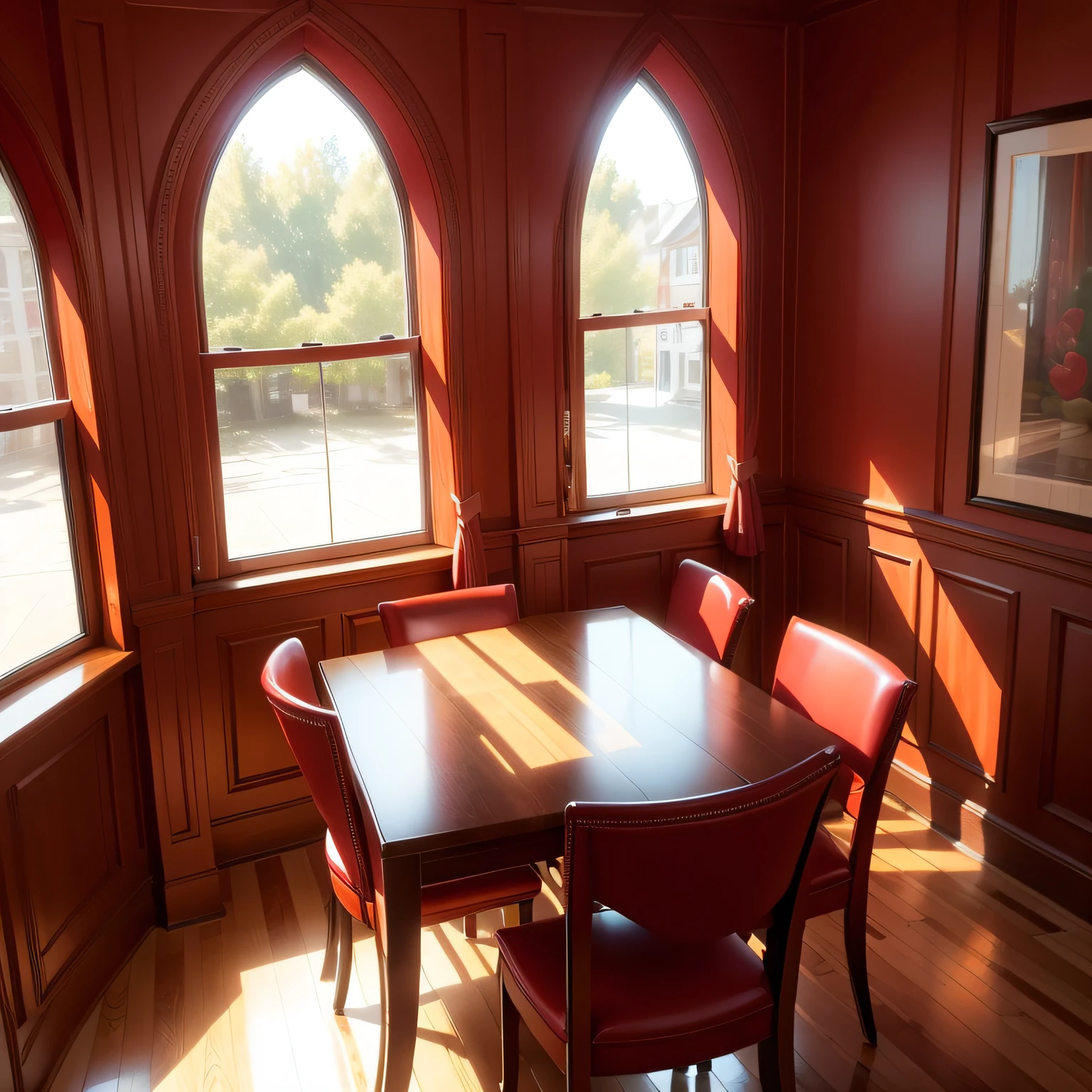 dining room with red walls with Window Seat