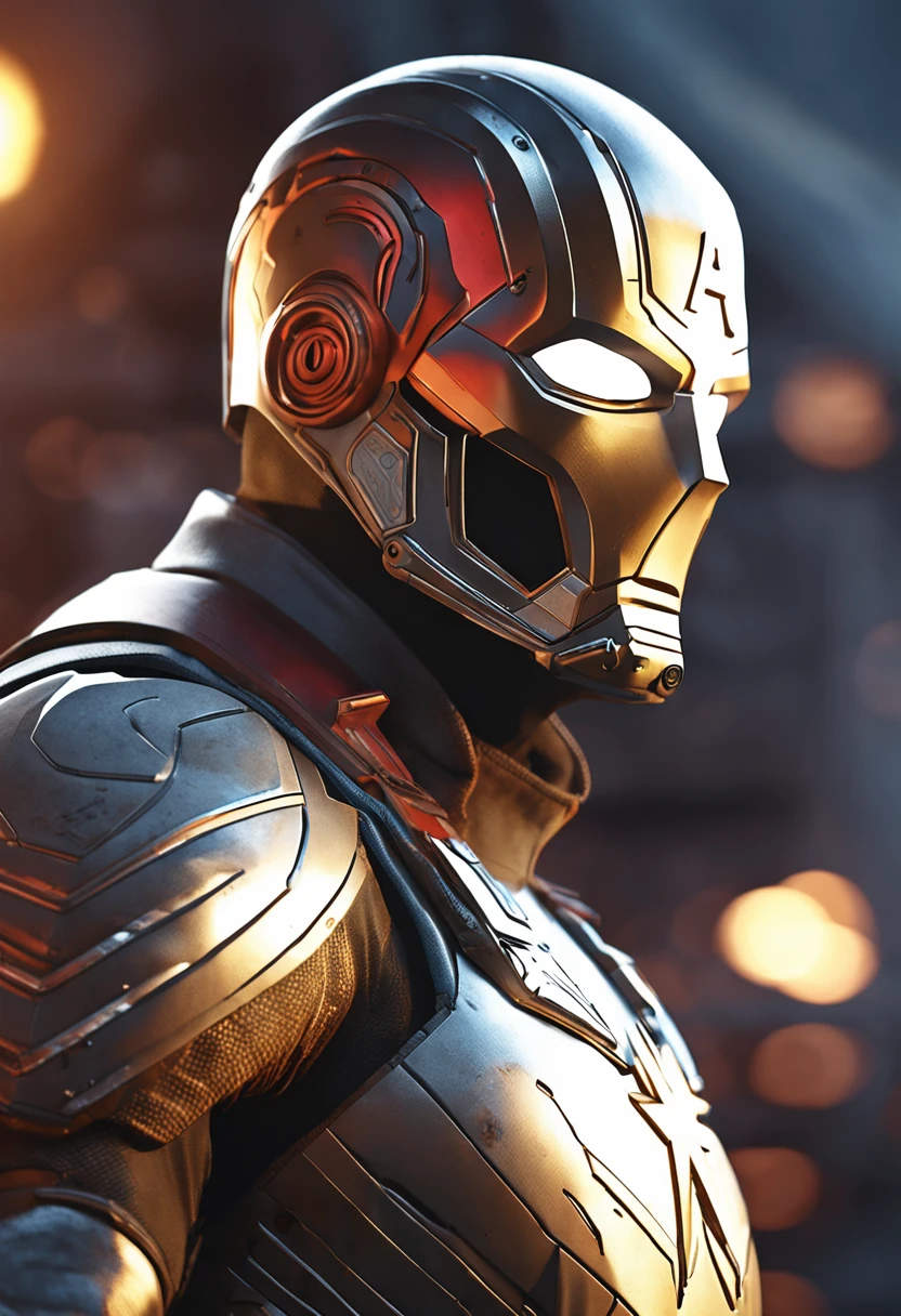 full body shot of captain america to fram hulkin white and gold armour style suit, no mask on, white cape, looking at center camera, perfect composition, beautiful detailed intricate insanely detailed octane render trending on artstation, 8 k artistic photography, photorealistic concept art, soft natural volumetric cinematic perfect light, chiaroscuro, award - winning photograph, masterpiece, oil on canvas, raphael, caravaggio, greg rutkowski, beeple, beksinski, giger, trending on artstation, sharp focus, studio photo, intricate details, highly detailed, night city background, by greg rutkowski