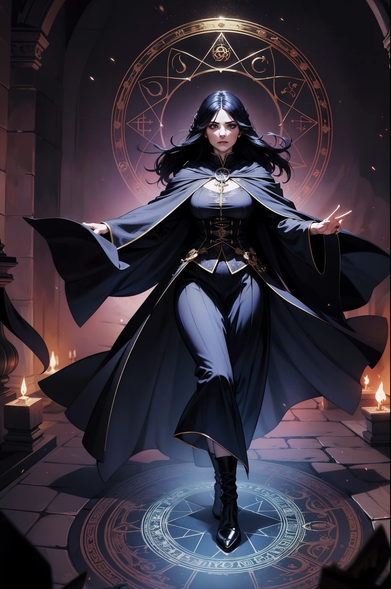 An adult female mage character in the center of a circle with arcane symbols, Ritual, pessoas em volta com , Camadas, lo gothic, Splendid, dramatic scene, Ritual, crowd, magia, Linda, 8k, dramatic scene, cor do cabelo preto
