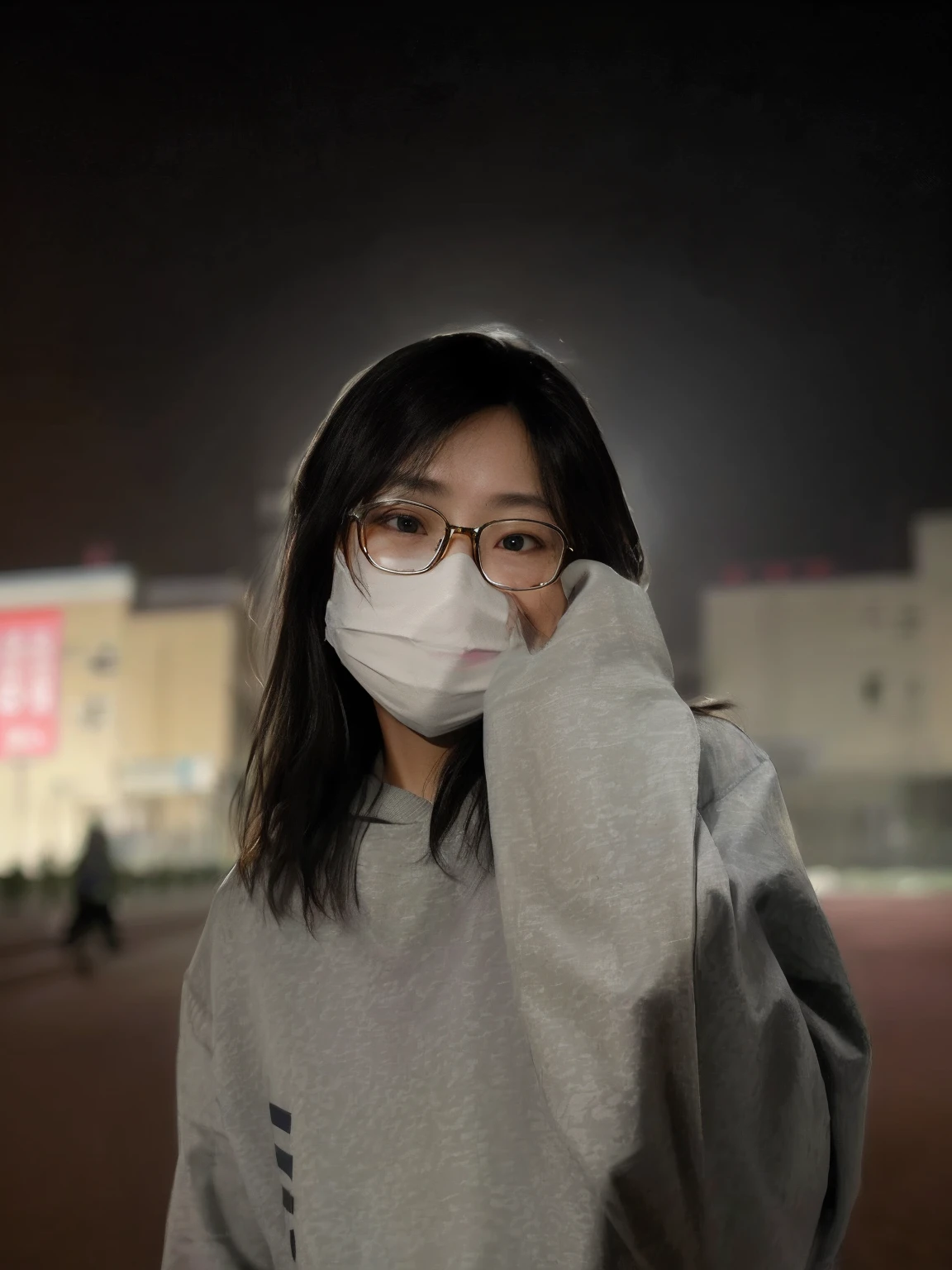 Allard woman wearing a mask and gray sweatshirt, wearing face mask, surgical mask covering mouth, Wearing a mask, wearing face mask, inspired by Zhang Xiaogang, wearing transparent glass mask, medical mask, wenfei ye, xue han, , wei wang, mingchen shen, Li Zixin, yuxiang chen, xintong chen