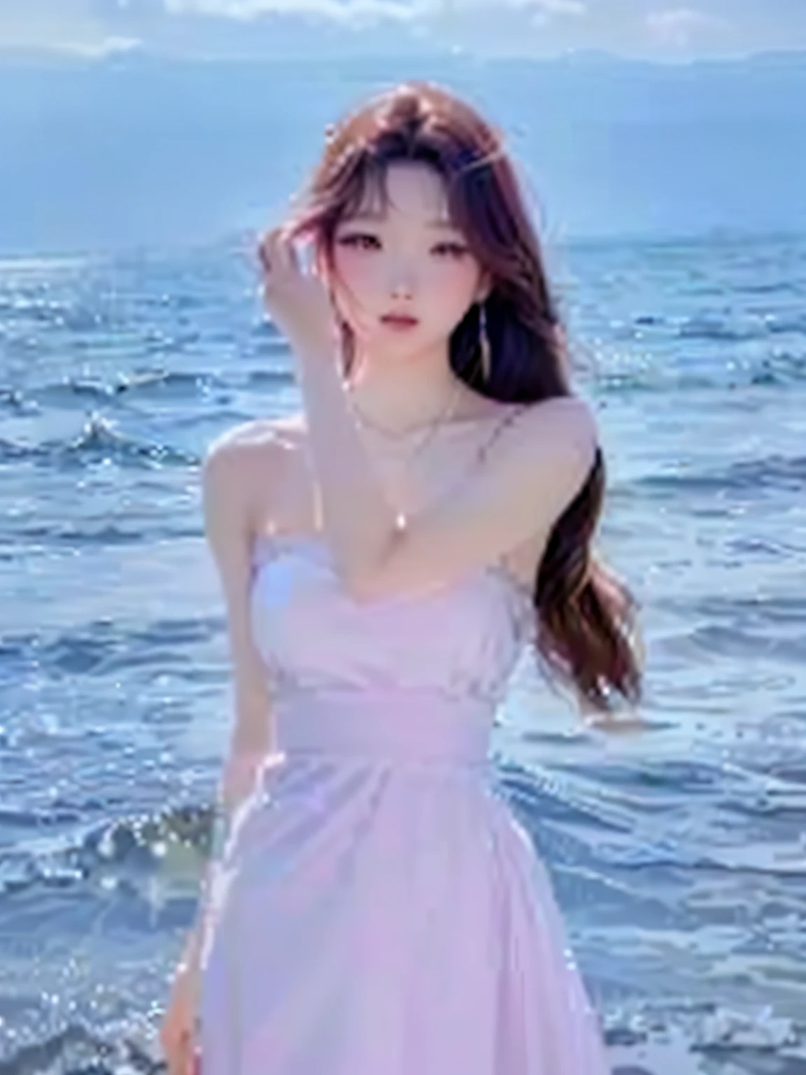 Close-up of a woman in a pink dress standing on the beach, bae suzy, sakimichan, jia, jaeyeon nam, Shin Jinying, Choi Hyun-hwa, Cai Xukun, gongbi, choi, park jimin, shaxi, tiffany, Yan, 8 k'' ), Actress, hwang se - on, IU, xision wu