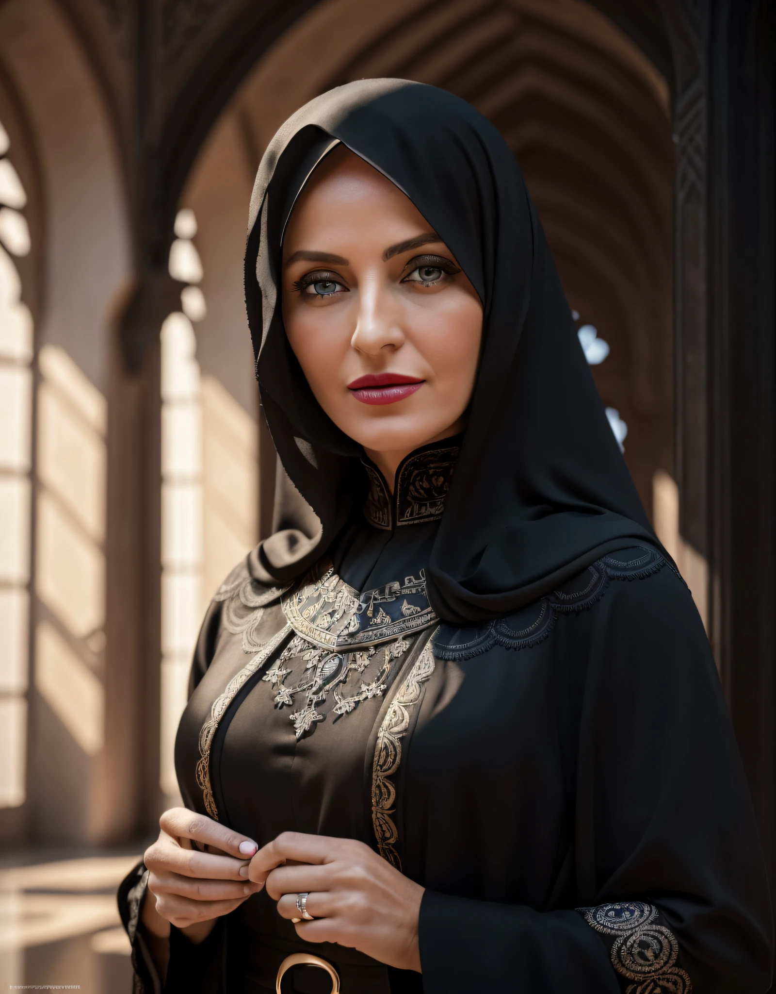 RAW photo,(((masterpiece))), ((ultra-detailed)),intricate details, 40 years old european woman with a wearing a black modest Abaya, low detail abaya,saudi arabia abaya style, red lipstick, blue eyes ,blond hair, 8k uhd, dslr, soft lighting, high quality, film grain, Fujifilm XT3