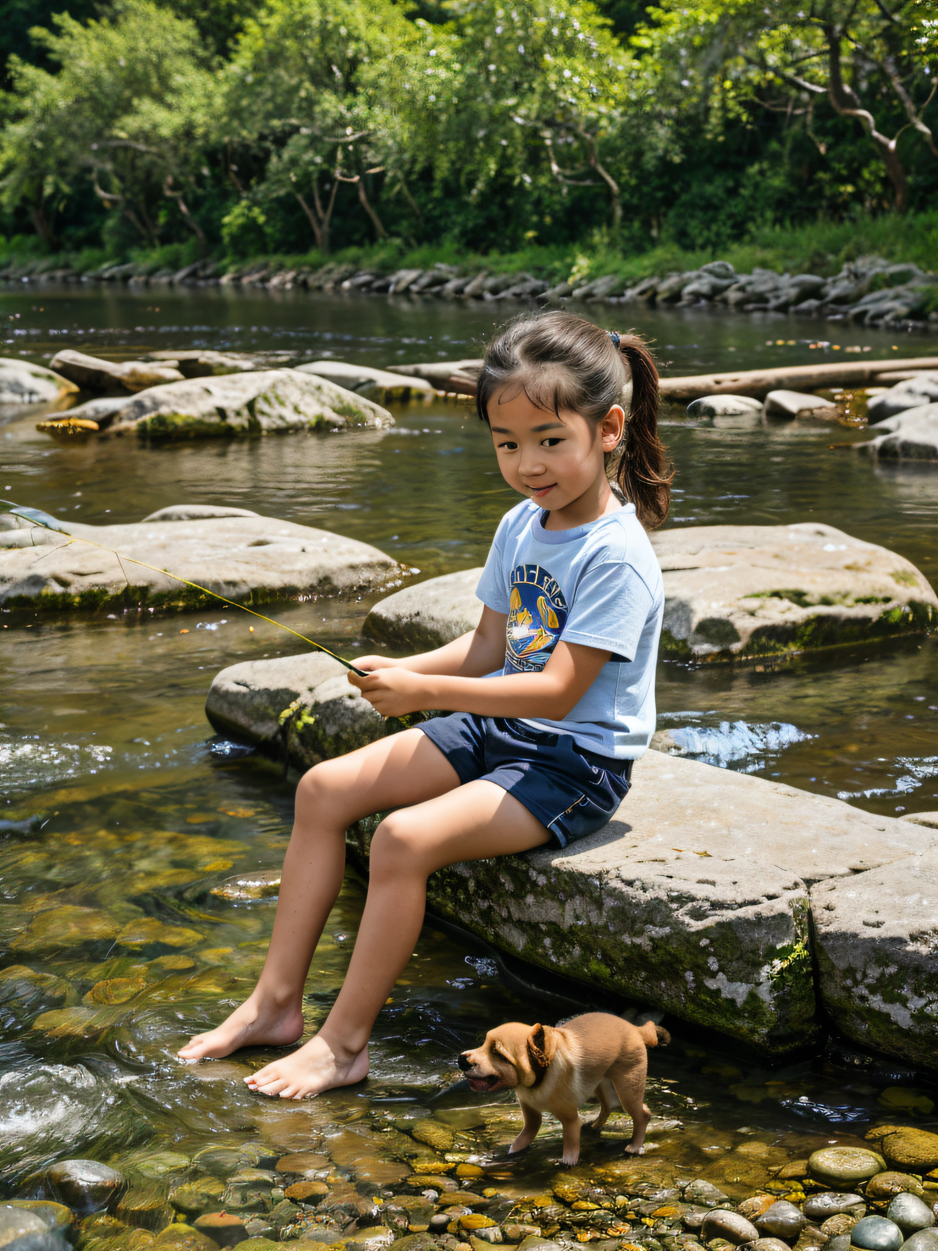 Lovely little girl，real photograph，(RAW photo:1.2), A little girl in a t-shirt and shorts sat outside, Sit on a small stool，beside a river，With a ponytail, Preoccupied,Rod fishing，A small dog next to it，The puppy looked at the little girl，There are a lot of pebbles by the river，and the sun was shining brightly，candid shot, Best quality, 8K, hyper HD, Photorealistic