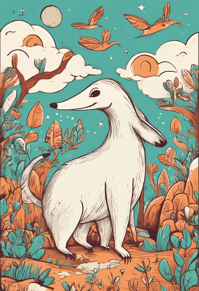 criar uma capa de livro infantil. que contenha um mundo magico. ((anteater)) falantes, arvores falantes, Sky with happy clouds. sol sorrindo.