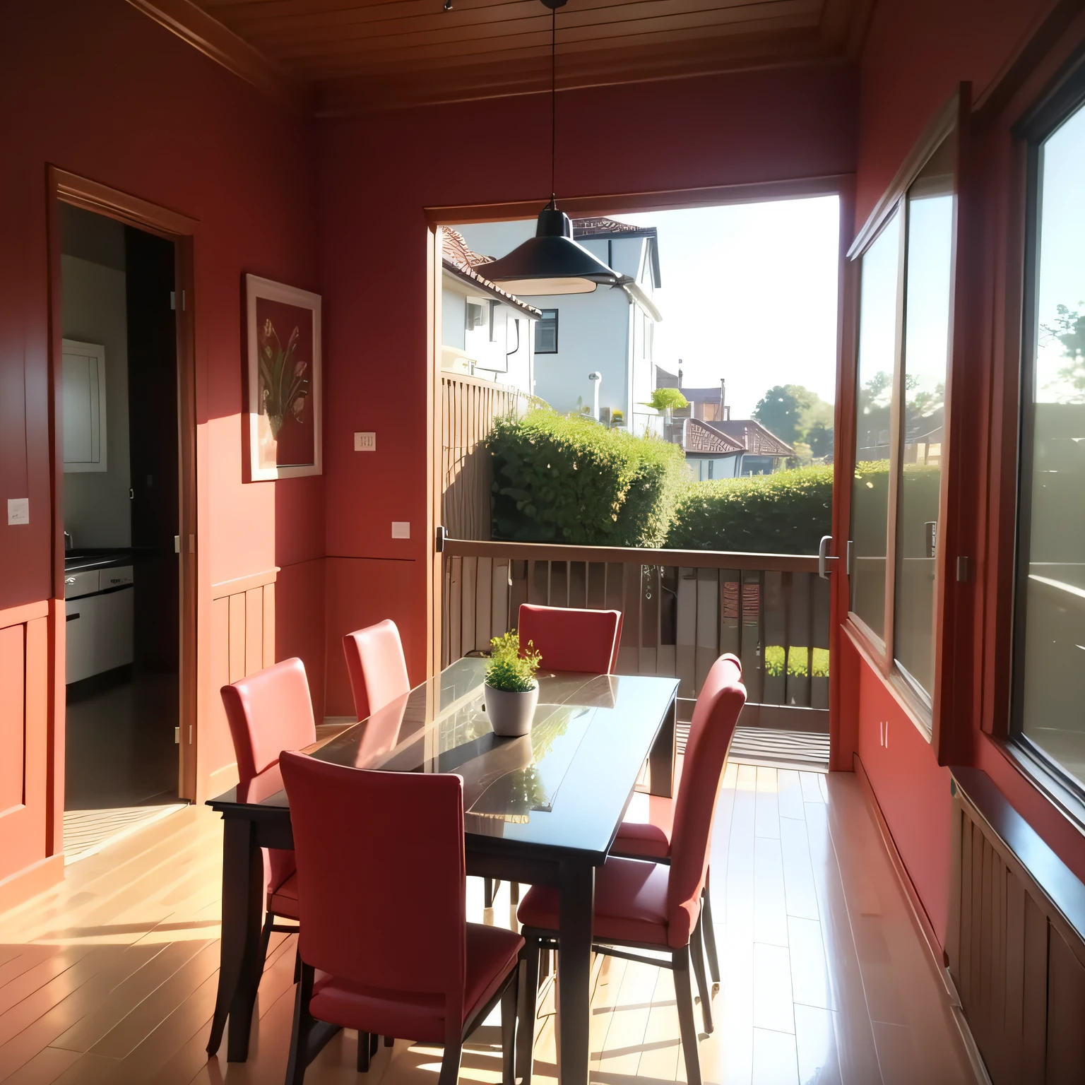 dining room with red walls with Indoor-Outdoor Connection