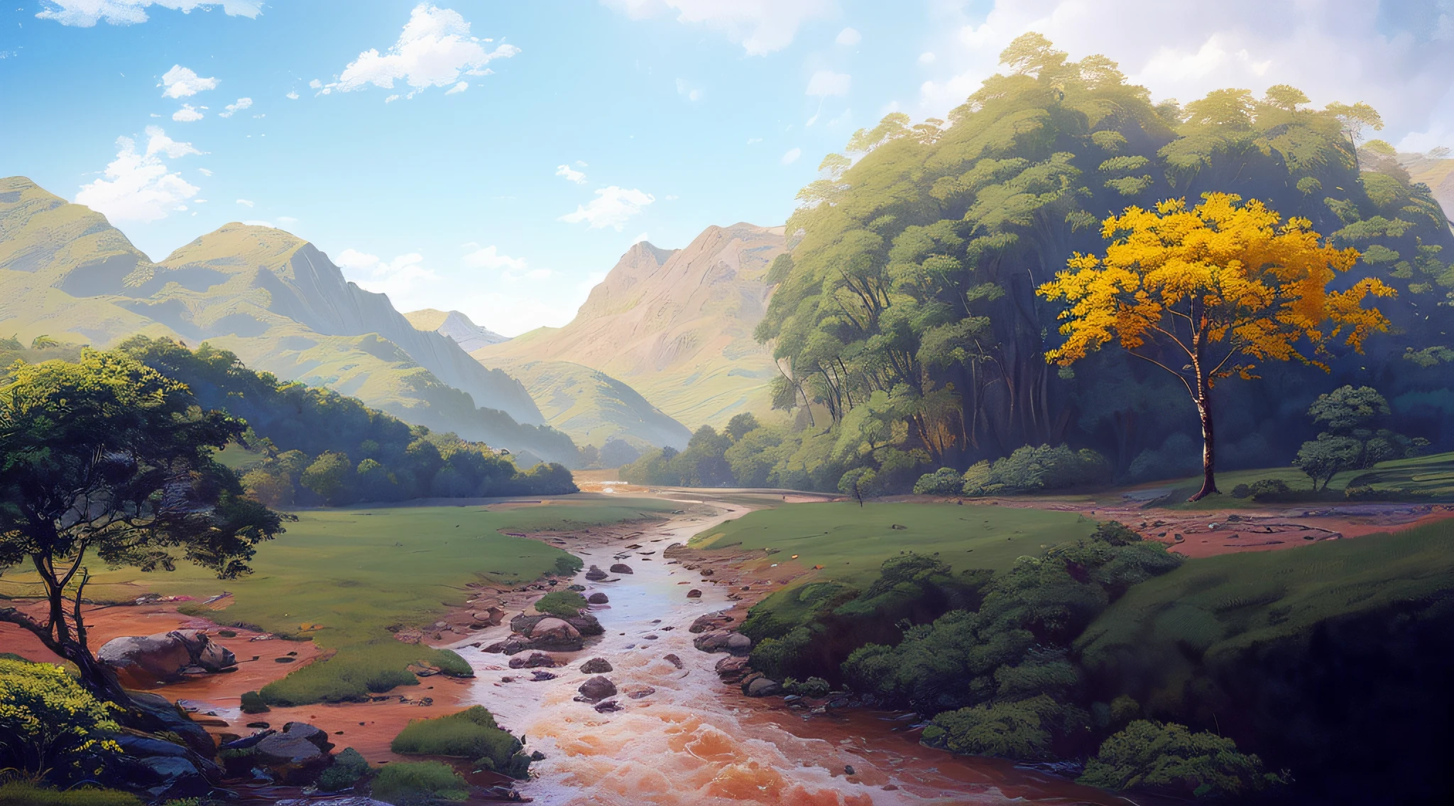 painting of a river crossing a lush green valley with a lone tree, made of tree and fantasy valley, Pintura de paisagem virtual 3D, Pintura digital fosca 4K HD, beautiful render of a landscape, mountains river trees, realistic landscape, pintura digital altamente detalhada, 8k resolution digital painting, 8k resolution digital painting, pintura digital fosca, Arte digital altamente detalhada em 4k