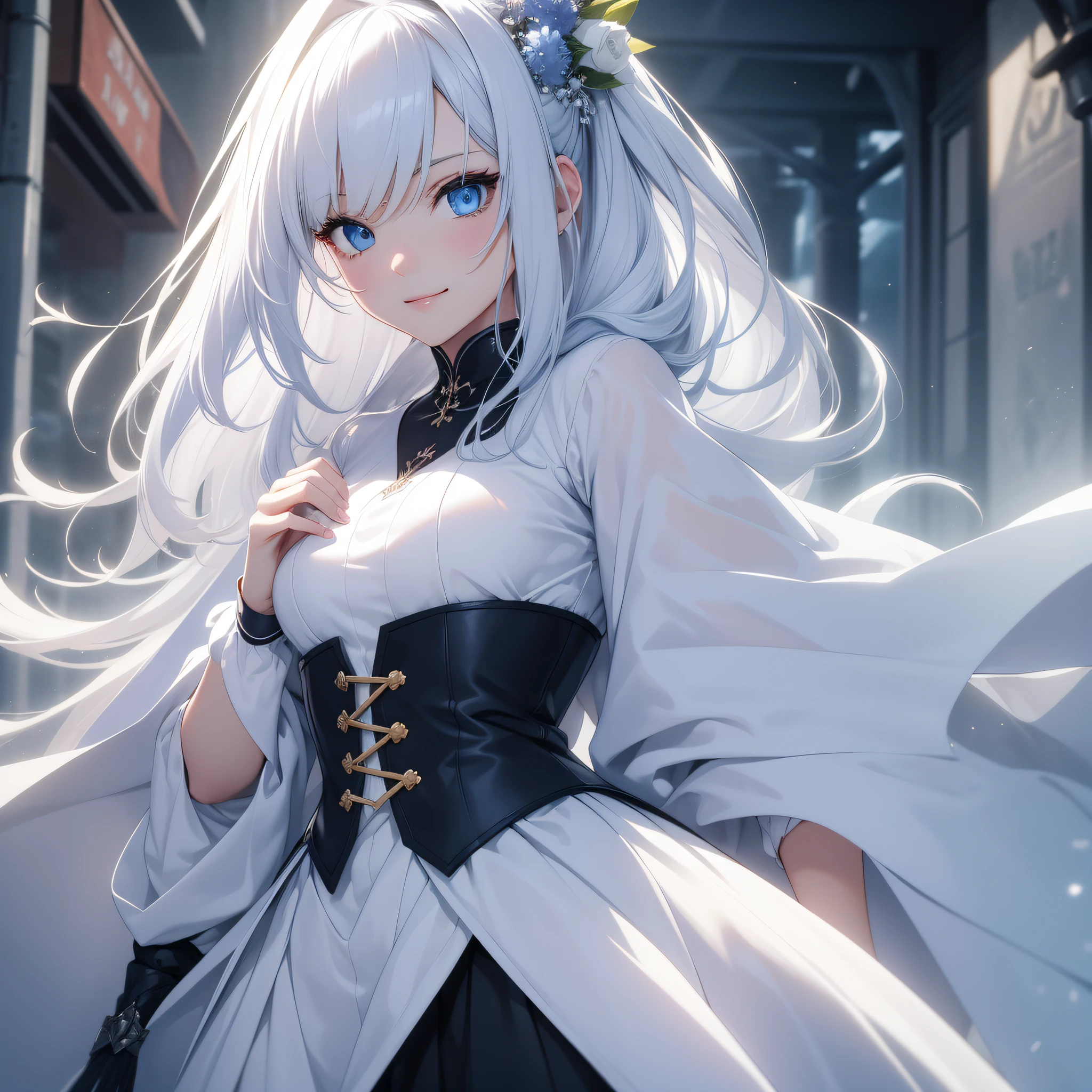 Best Quality、in 8K、32K、masutepiece、ultra-detailliert、超A high resolution、Impresionismo、Photorealsitic:1.2)、Dynamic lighting、dynamic shot、Detailed 3D rendering、Moody lighting、Detailed beautiful face and eyes、A slender、Medium bust、Full body、 Highly detailed background beauty face、snowy background、20-year-old beauty、super detailed skin、White hair、Long、Blue eyes、miscievous smile、Clothes are dresses