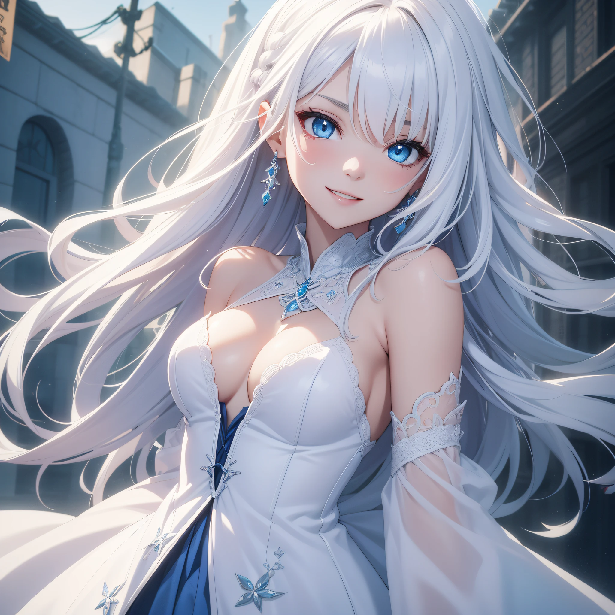 Best Quality、in 8K、32K、masutepiece、ultra-detailliert、超A high resolution、Impresionismo、Photorealsitic:1.2)、Dynamic lighting、dynamic shot、Detailed 3D rendering、Moody lighting、Detailed beautiful face and eyes、A slender、Medium bust、Full body、 Highly detailed background beauty face、snowy background、20-year-old beauty、super detailed skin、White hair、Long、Blue eyes、miscievous smile、Clothes are dresses