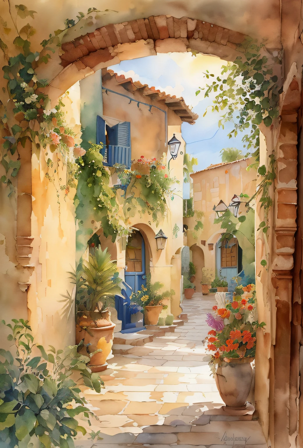 painting of a courtyard with potted plants and a blue door, in a mediterranean lanscape, watercolor painting style, watercolor colored painting, by Lynn Pauley, mediterranean vista, watercolor artwork of exotic, mediterranean architecture, mediterranean landscape, by Alice Rahon, ancient mediterranean village, watercolor detailed art, french village exterior, aquarelle painting, watercolor art, spanish alleyway