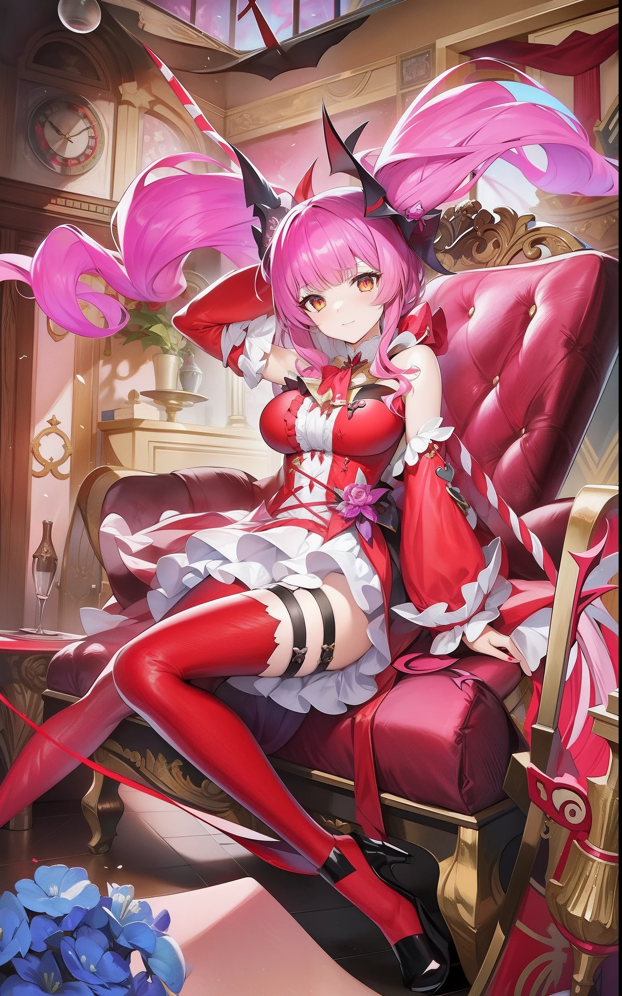 tmasterpiece,HighestQuali,Anime - Stylistic image of a woman dressed in pink sitting on a chair, Kushatt Krenz Key Art Women, Splash art anime Loli, A scene from the《azur lane》videogame, shalltear bloodfallen, portrait of magical girl, azur lane style, Official artwork, Detailed key anime art, shalltear from overlord, candy girl