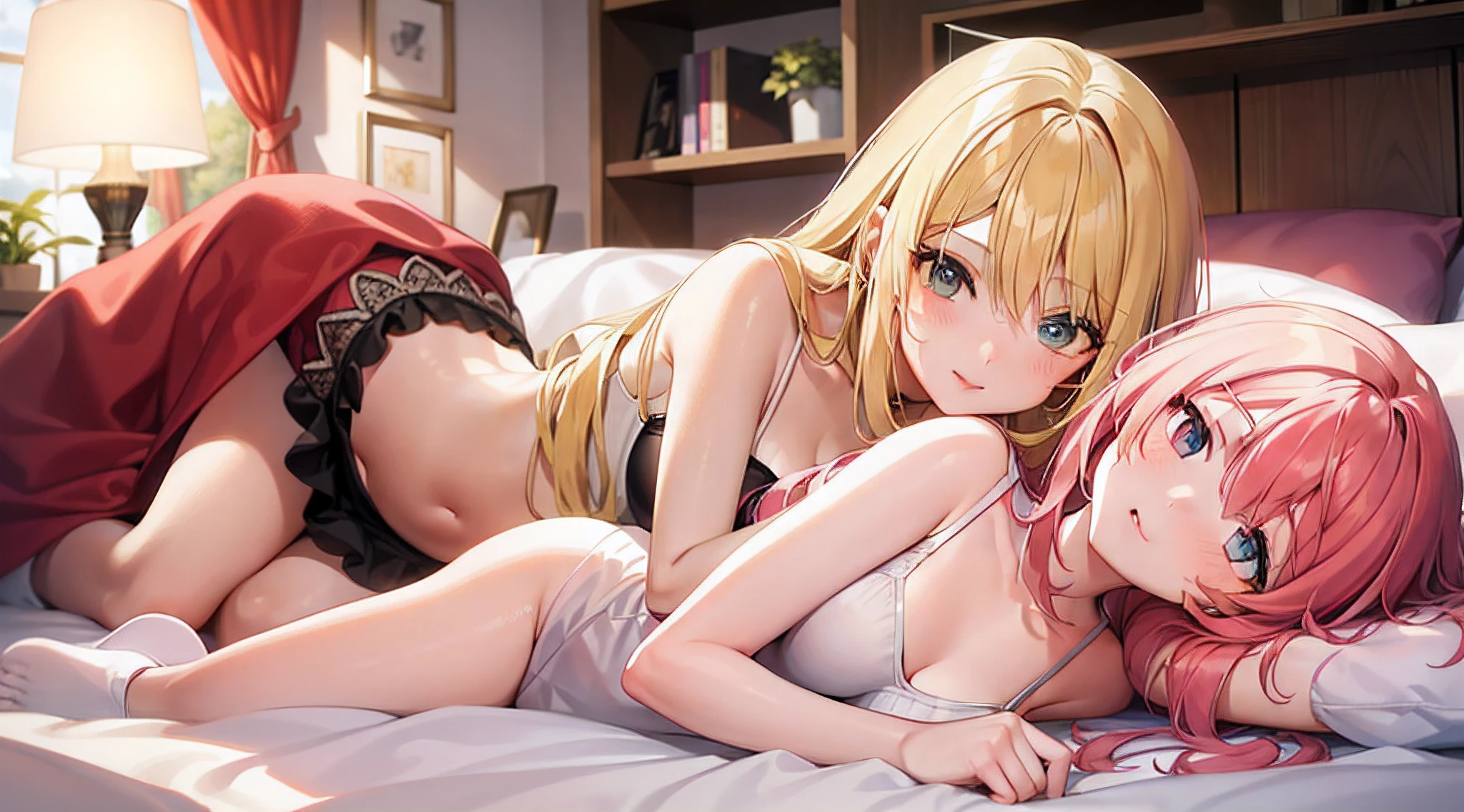 Two girls，A girl with pink hair and red eyes is lying on the bed，A girl with long blonde hair and green eyes lying on her body