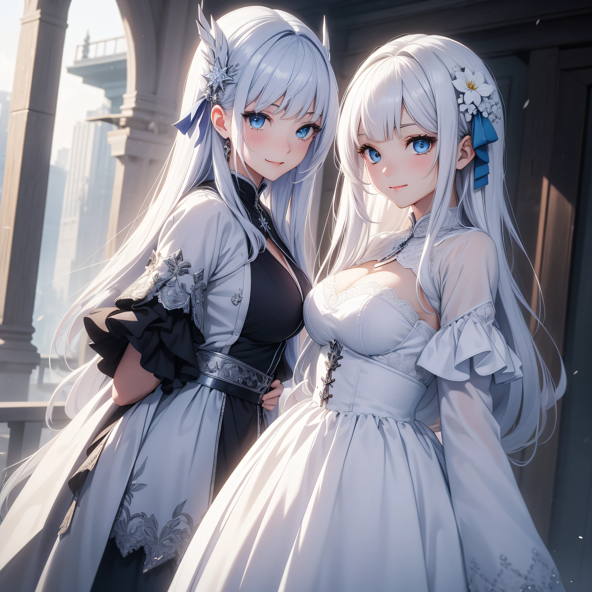 Best Quality、in 8K、32K、masutepiece、ultra-detailliert、超A high resolution、Impresionismo、Photorealsitic:1.2)、Dynamic lighting、dynamic shot、Detailed 3D rendering、Moody lighting、Detailed beautiful face and eyes、A slender、Medium bust、Full body、 Highly detailed background beauty face、snowy background、20-year-old beauty、super detailed skin、White hair、Long、Blue eyes、miscievous smile、Clothes are dresses