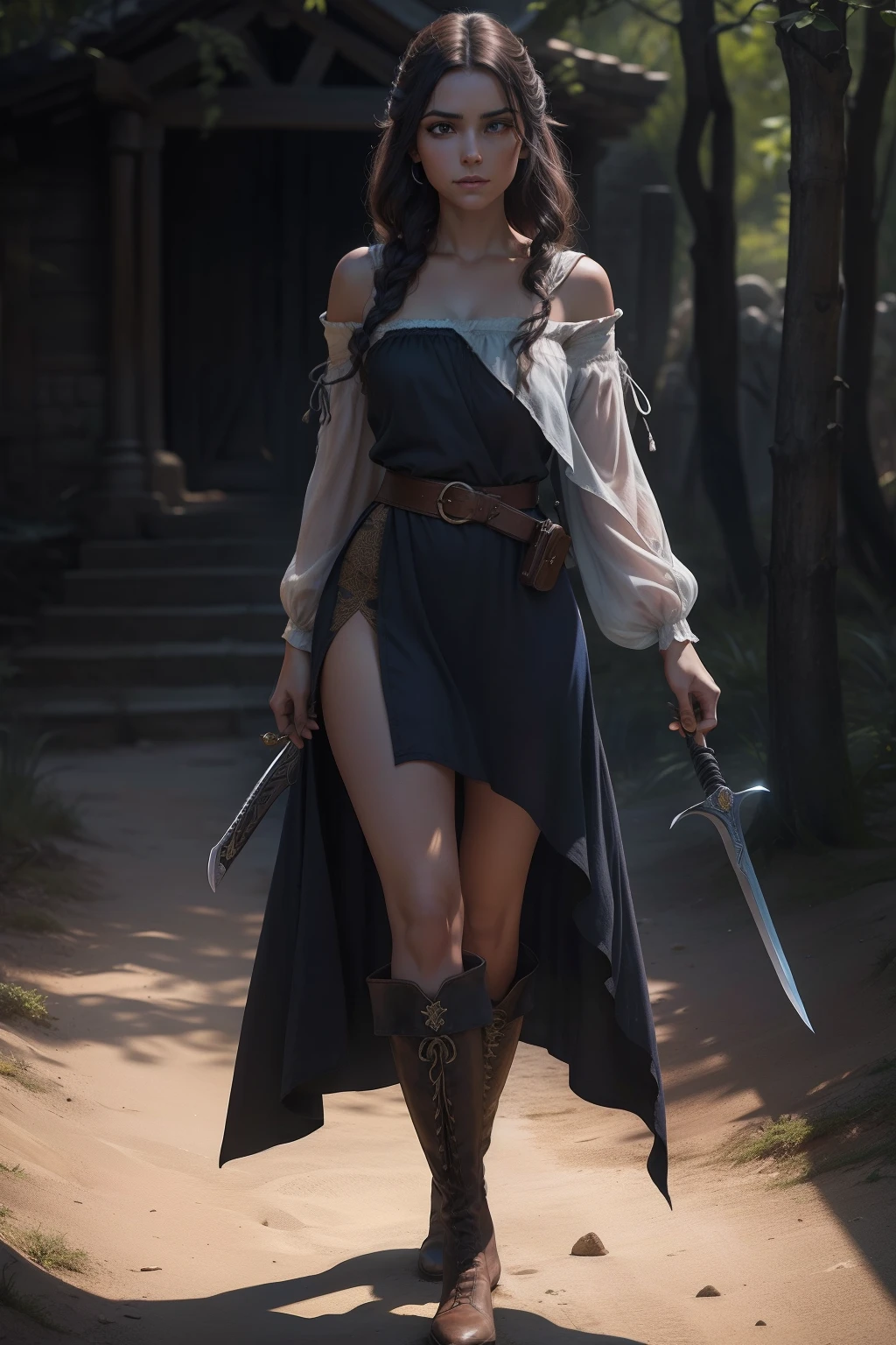 Dark Agnes de Chastillon, personagem feminina criada por Robert Ervin Howard, mulher de cabelos ruivos curtos,trimmed to the shoulder, olhos azuis penetrantes, sensualidade selvagem, Woman wearing men's clothes without losing her sensuality with long boots up to the thigh and a dark hooded robe , set in the sixteenth century,holding a sword in one hand and in the other with a gunpowder pistol ready to fire,no campo de batalha enfrentando seus inimigos com destreza e coragem , little lighting,film composition photography, Very detailed, extremely high-resolution, cor profissional, luz maravilhosa, luz do dia, 300k resolution,
altamente realista, muitos detalhes.