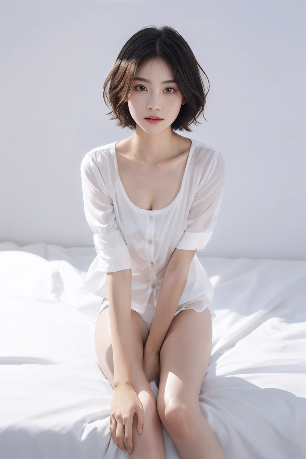 Ultra-realistic 8K CG，s the perfect face，flawless perfection，Ren，tmasterpiece，professionalartwork，famousartwork，s the perfect face，beauitful face，beautidful eyes，（（Perfect female body）），独奏，（immersiveatmosphere，lightand shade contrast：1.5，Bright light:1.2,lumnious),,(Blushlush:0.5),Natural expression,Girl with short hair，Extremely detailed eyes,thick thight,Delicate breasts,Exquisite background,depth of fields,photorealestic:1.3,Faraway view,1girll,White color blouse,Unbutton your shirt with both hands，white under lingerie，Bare legged,Barefoot，Front lens，Sit in front of you，legs separated，full bodyesbian，（ambient lights：1.3），（cinematic compositions：1.3），（neonlight：0.1），（hdr：0.1），emphasis lighting，white bed sheet，