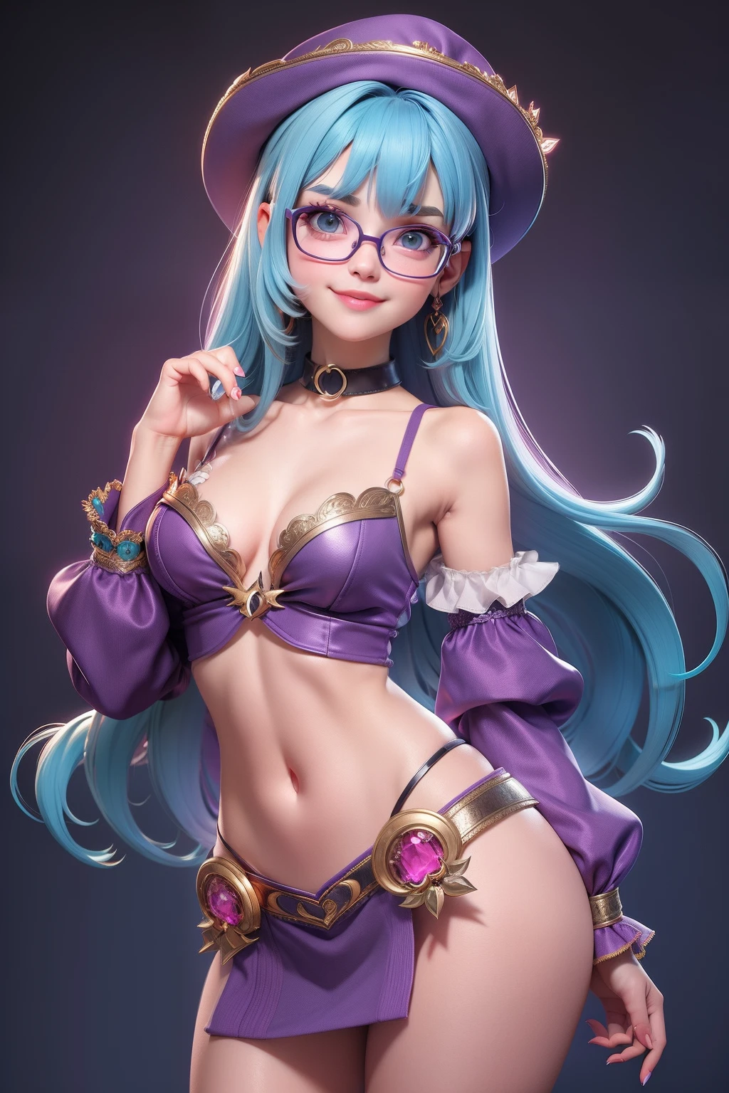 perfect female face,sharp focus,dynamic angle,best quality,blurry background,night,showbiz,spotlight,<lora:Seraphine:0.6>,xyzseraphine,cute smile, blue eyes,multi-colored hair, trendy clothing, sparkles, sprinkles,very long hair,high ponytail,makeup,pink lipstick,glitter,long sleeves,<lora:circle-glasses_v1.1:0.7>,circle glasses,choker