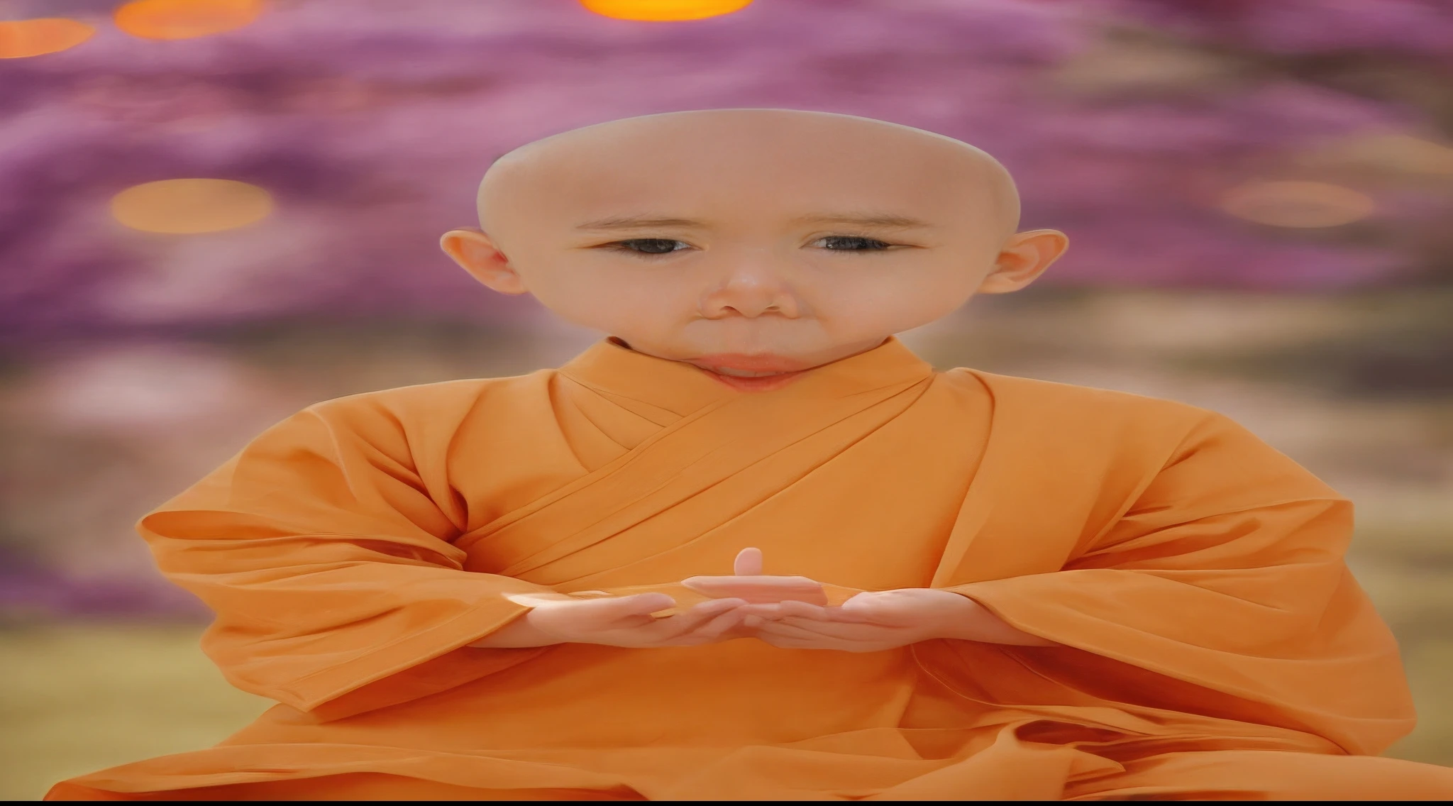 depth of fields,Highest image quality,(tmasterpiece),(Beautiful CG rendering),((Super cute little male monk)),(((Doing the gesture of conjunction))),Look at the audience head-on,with background,(rounded facial features),The bald head has no hair,Fleshy little hands,Smile with,naive,(mesmerizing eyes),8K,(super exquisite details),Simple monk robes,(((Little Shota)))