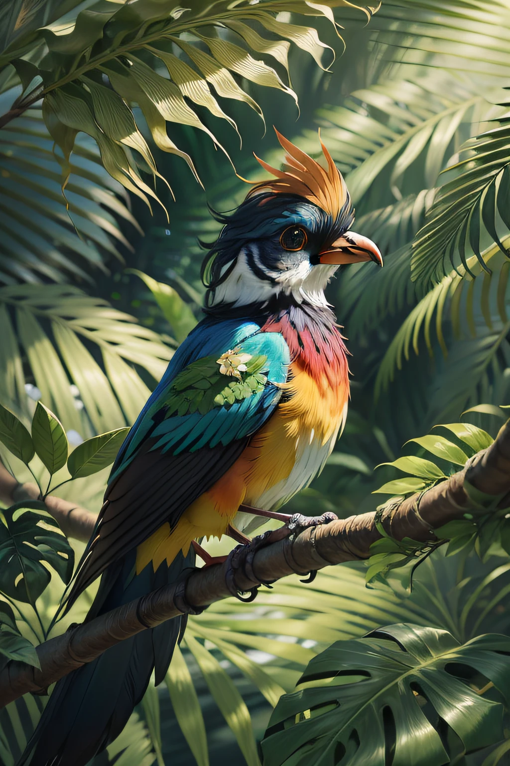 there is a Bem-Te-Vi bird that is sitting on a branch with a flower, rare bird in the jungle, birds of paradise, colorful bird with a long, De queixo liso, Natureza Bonita, Directed by: Yang Borun, colored birds, Directed by: Wu Zhen, aves tropicais, um ombro largo, erudito, illustration, empoleirado em um galho musgoso, incrivelmente bonito, papel de parede hd