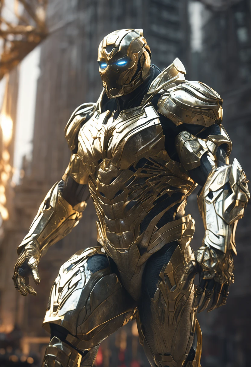 Hulk full body shot in white and gold armor style suit, no mask on, White cape, looking at center camera, Perfectcomposition, beautiful detailed intricate insanely detailed octane render trending on artstation, 8 k artistic photography, Arte conceptual fotorrealista, soft natural volumetric cinematic perfect light, Chiaroscuro, an award winning photograph, Masterpiece, oil on the canvas, raffael, Caravaggio, greg rutkovsky, beeple, beksinski, Giger, trending on artstationh, Sharp focus, studio photo, Intricate details, Highly detailed, night city on the background, by Greg Rutkowski