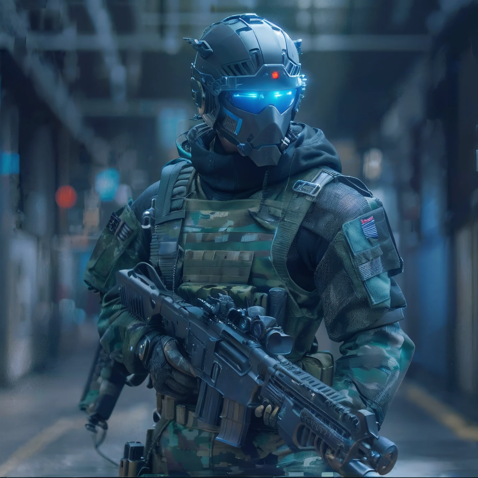 ((3D quality)),Granular details,Futuristic male military commander,A fantastic one ((Square mesh helmet head with blue light)) and a pair of mechanical feet,( Badges:1.6),Use a pair ((Iron gray gloves)), no shoe, garbed in ((Camouflage suit)), Stand in Cyberpunk City, holding gun, holding gun, rifle, hand gun, assault rifle, Wear EP tactics, sface focus, hyper HD, anatomically correcte, Best quality, Master parts, Full body panel