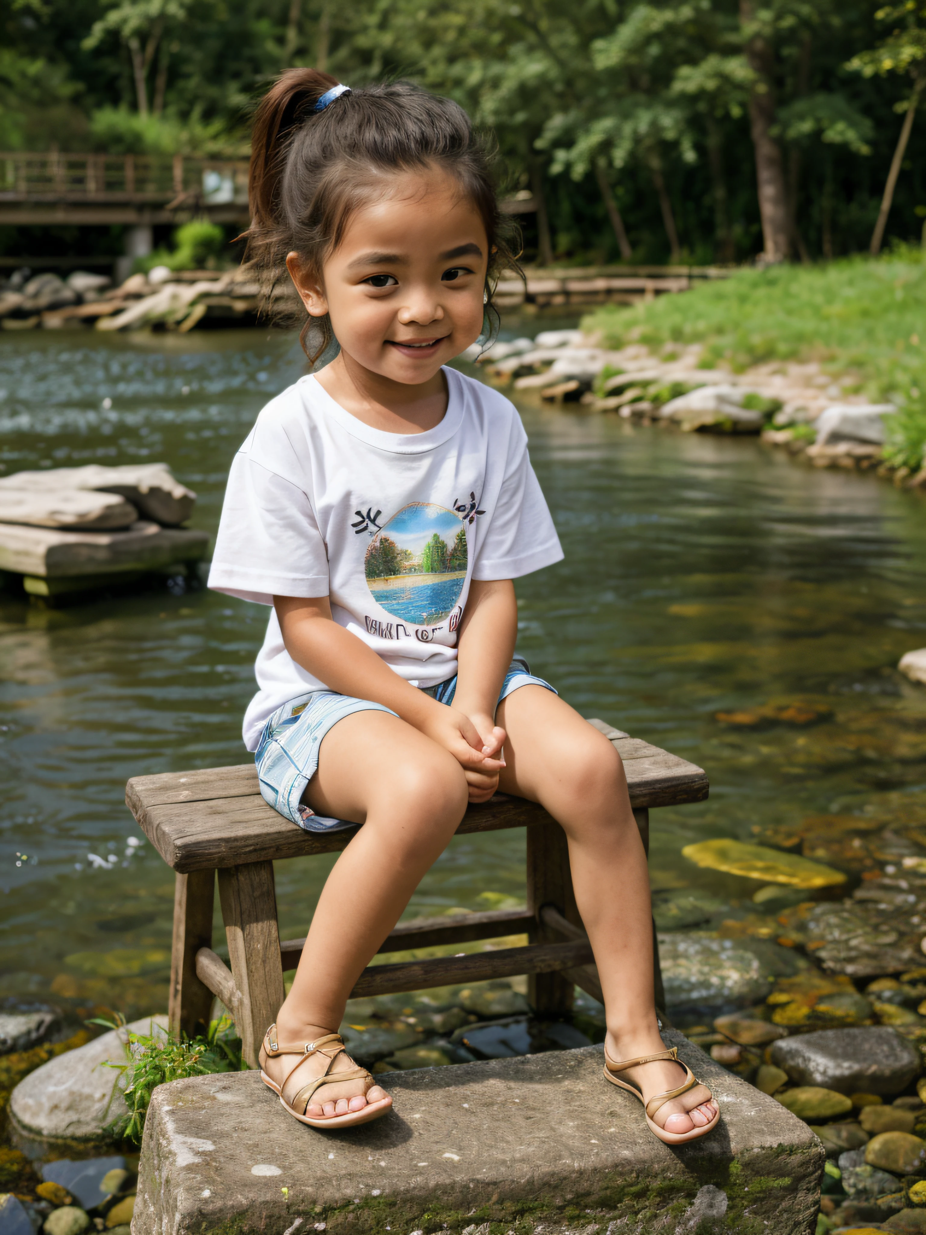 Lovely little girl,real photograph,(RAW photo:1.2), A little girl in a t-shirt and shorts sat outside, Sit on a small stool,beside a river,With a ponytail, Preoccupied,Rod fishing,A small dog next to it,The puppy looked at the little girl,There are a lot of pebbles by the river,and the sun was shining brightly,candid shot, Best quality, 8K, hyper HD, Photorealistic
