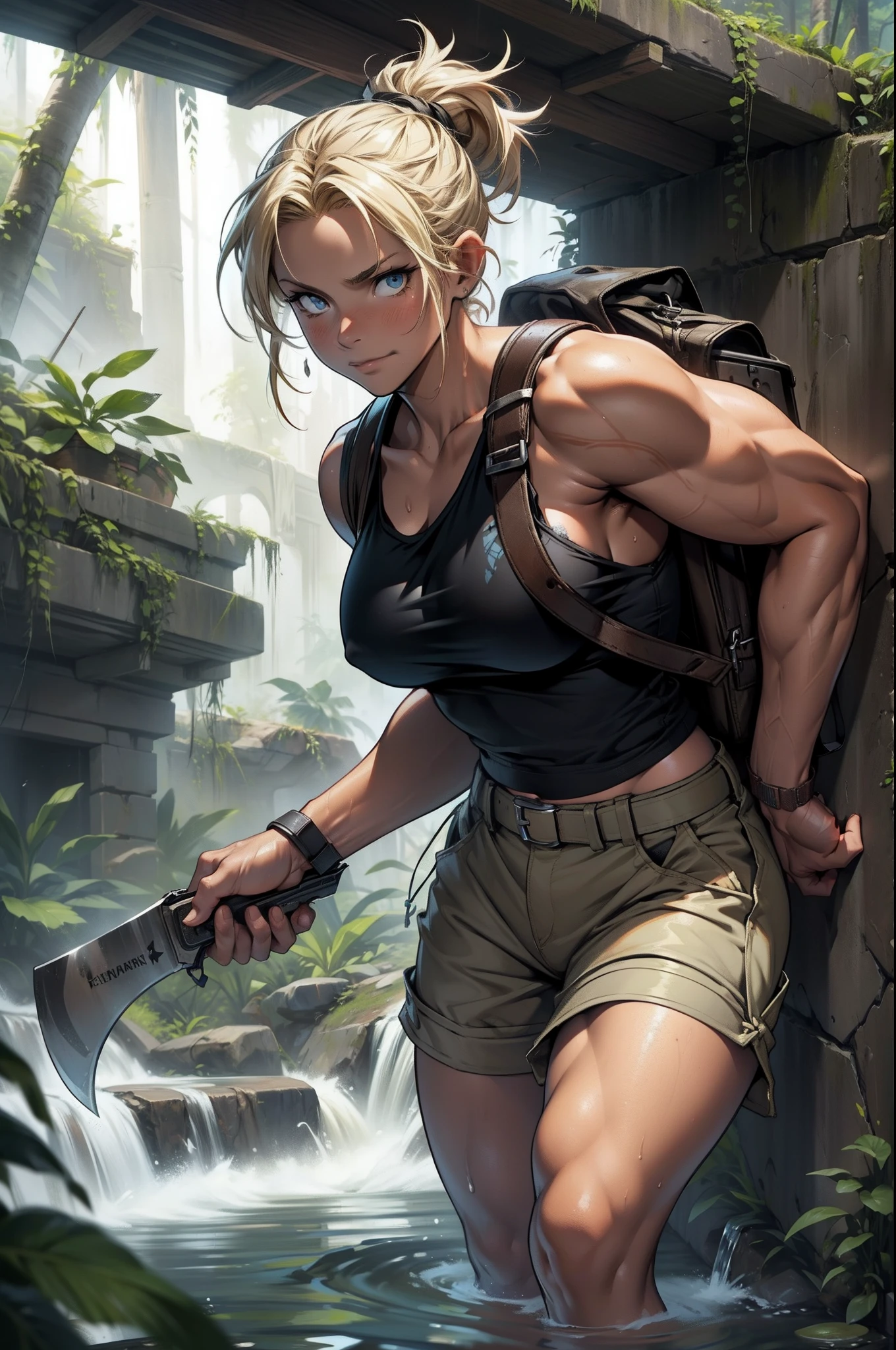 Tank top, Shorts, a blond, (ancient ruin:1.1),Adventurous woman, (Avoid traps:1.1), Pistol holder on the thigh, Khaki backpack, hair tied, dense woods, subtropical, machete, Treasure Hunter, Fuji Film, F/1.2, (16 K, 8K, awardwinning, Best Quality, hight resolution, high details, Super Detail, Anatomically correct, Textured skin, masutepiece:1.4, nffsw),Whole body mud stains,Rugged look,caves,Treasure Bag,Multifunction watch,(Feeling nervous and elated:1.2),A scene from an action movie,Bathing in the Amazon River,Poses in motion,Action Actress,scrapes,A big round rock rolls towards you,(Forward Roll:1.4)