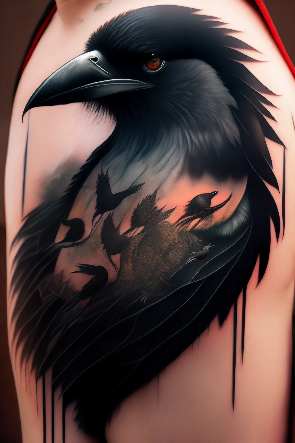 Large tattoo of a crow on the shoulder and part of a man's chest. Ink art.