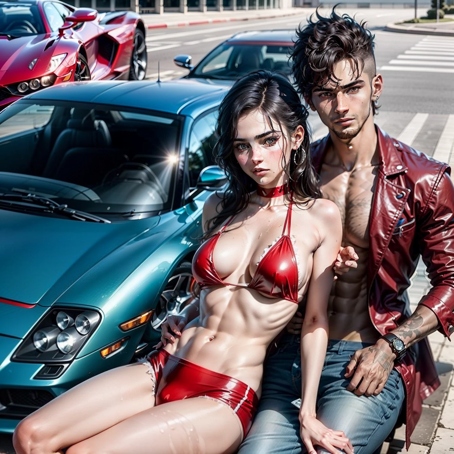 Red and blue colour lamborguini car,five star hotel in background,part of swiming pool in right to the car with a young man with short spiky hair without shirt with girl with long hair put her hand on he's chest
