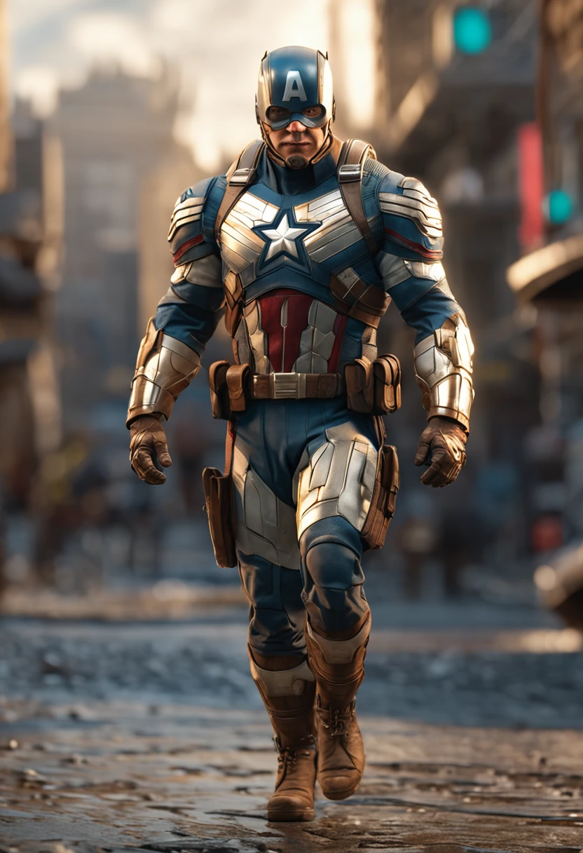 full body shot of captain america in white and gold armour style suit, no mask on, white cape, looking at center camera, perfect composition, beautiful detailed intricate insanely detailed octane render trending on artstation, 8 k artistic photography, photorealistic concept art, soft natural volumetric cinematic perfect light, chiaroscuro, award - winning photograph, masterpiece, oil on canvas, raphael, caravaggio, greg rutkowski, beeple, beksinski, giger, trending on artstation, sharp focus, studio photo, intricate details, highly detailed, night city background, by greg rutkowski
