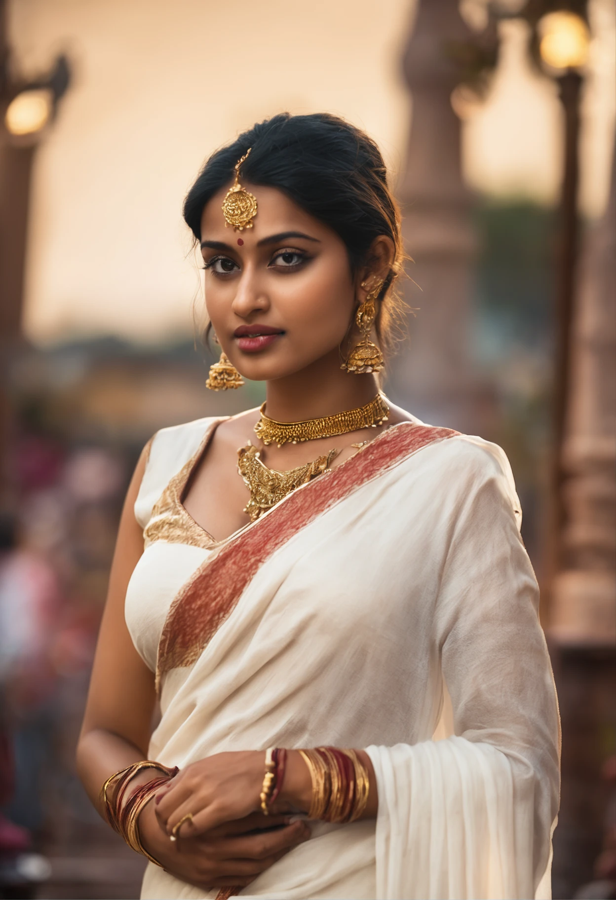 Indian beautiful young woman wearing white saree , walking in rever side, mountain background, (exposed breasts 1.7) white skin, deep clevage, gold jewelry