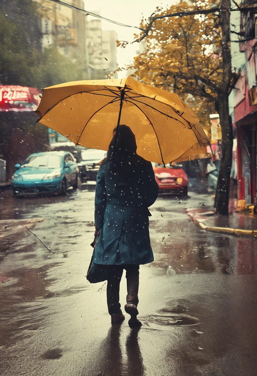The sun shines faintly through the raindrops on a spring day, and the image of a lover walking affectionately with an umbrella through it
