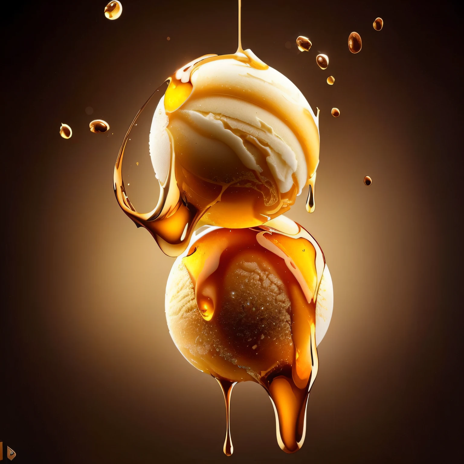 Duas bolas de sorvetes cremoso suspensas, cobertura de calda de caramelo dourado brilhante. Splashes de calda caramelo.
