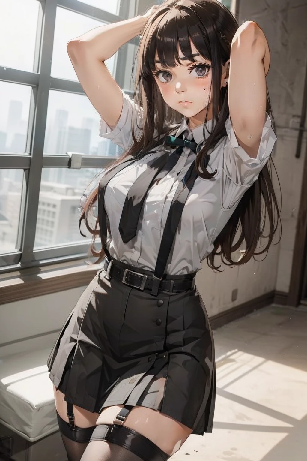 Black skirt, 　suspenders, Brown hair Gray eyes, Garter belt on the legs, Tight clothes, 　　 a belt　Armpit sweat　　deadpan　Moderate breasts