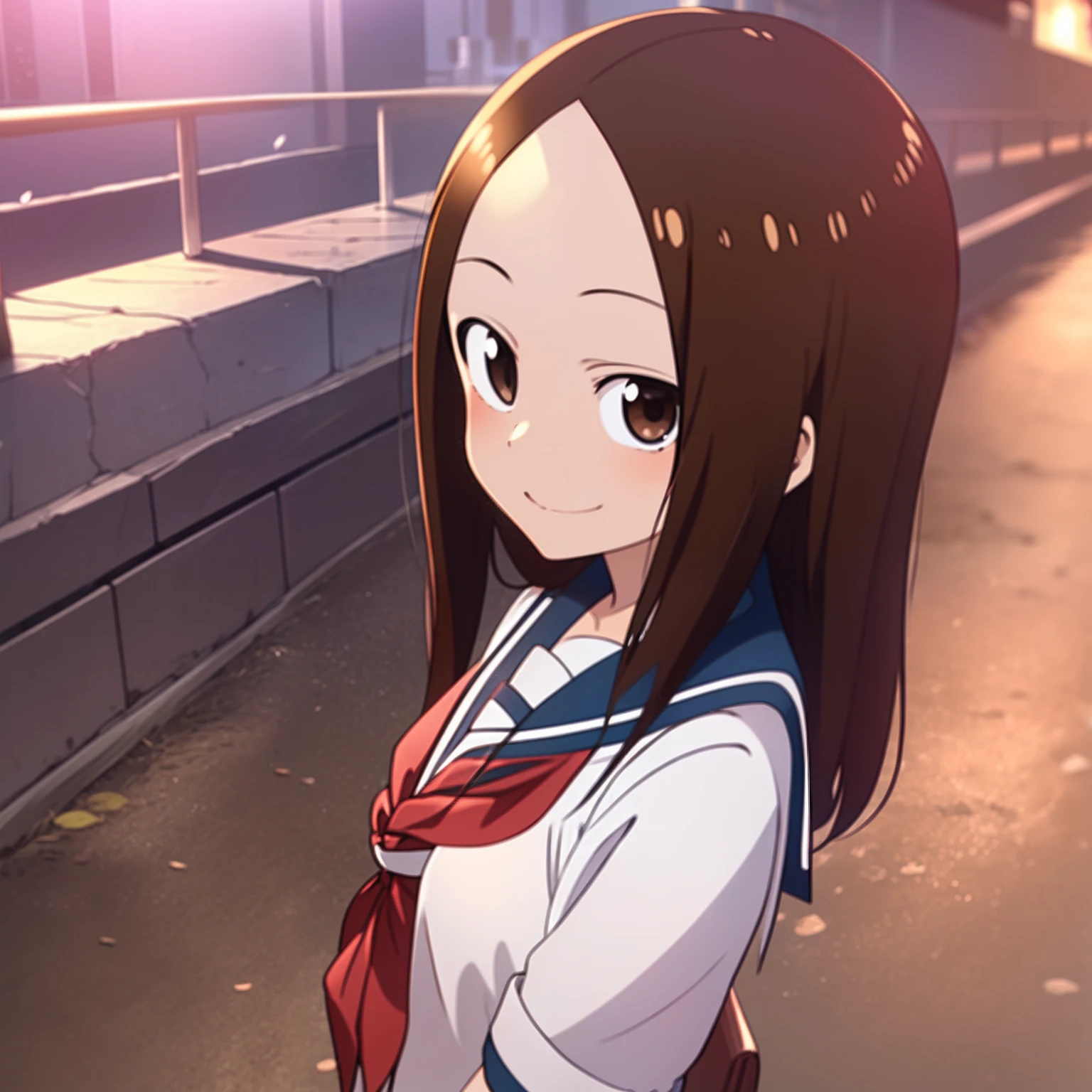 (Masterpiece, Superb Quality, Super Delicate, High Resolution), Female Focus, , Emoji Smile, (Japanese School Uniform), Creekside, Background Detail, (((Solo)))