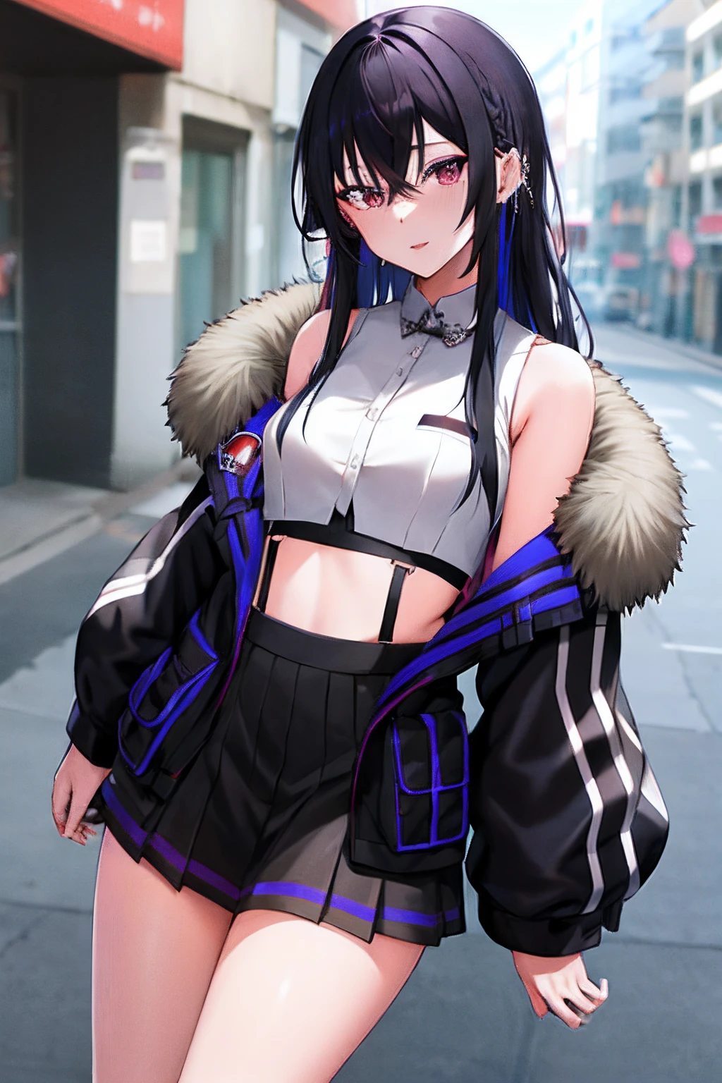 masutepiece, Best Quality, hight resolution, Bublha, Long hair, multicolored hair, ear piercings, Sleeveless shirt, White shirt, Black jacket, Fur trim, off shoulders, Long sleeves, Open your clothes, Midriff, Black skirt, Standing, Cowboy Shot, Street,
