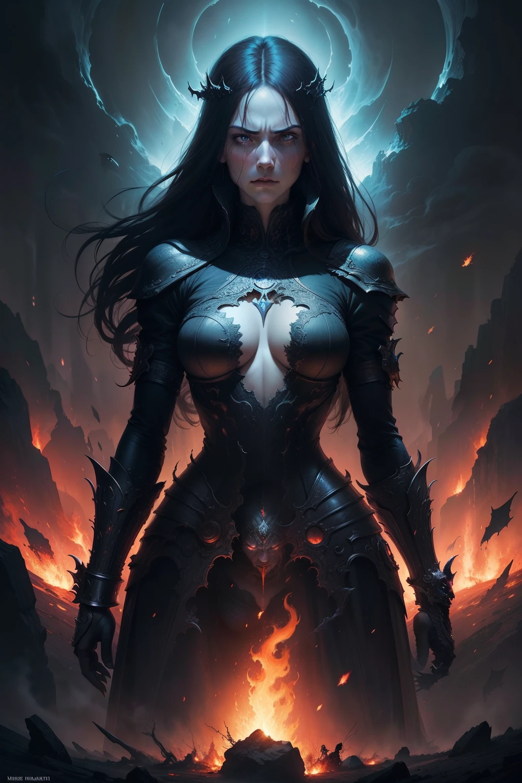 An image of an angry woman, with a flaming torch, background is dark sky with flames and smoke, mood is devastating, destructive, corrupting, deleterious, night time light, full figure, digital art, hyper realistic, 8k, unreal engine, character design, art by Peter Paul Rubens, Anne Stokes, Blaz Porenta, Zdzislaw Beksinski, Marc Simonetti, Gerald Brom.