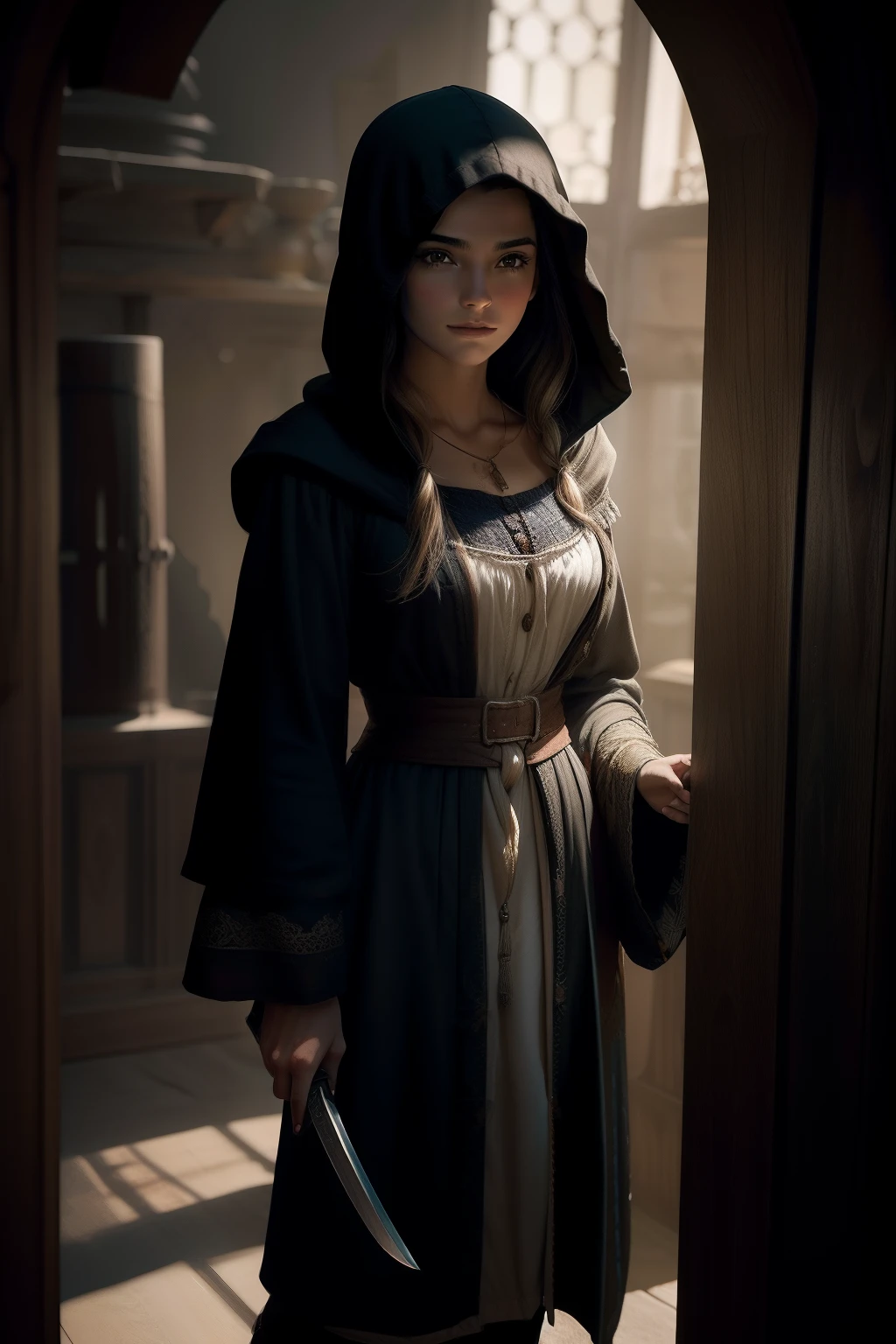 Dark Agnes de Chastillon, personagem feminina criada por Robert Ervin Howard, mulher de cabelos ruivos curtos,trimmed to the shoulder,cor vermelha, olhos azuis penetrantes, sensualidade selvagem, Woman wearing men's clothes without losing her sensuality with long boots up to the thigh and a dark hooded robe , set in the sixteenth century,holding a sword in one hand and in the other with a gunpowder pistol ready to fire,no campo de batalha enfrentando seus inimigos com destreza e coragem , little lighting,film composition photography, Very detailed, extremely high-resolution, cor profissional, luz maravilhosa, luz do dia, 300k resolution,
altamente realista, muitos detalhes.
