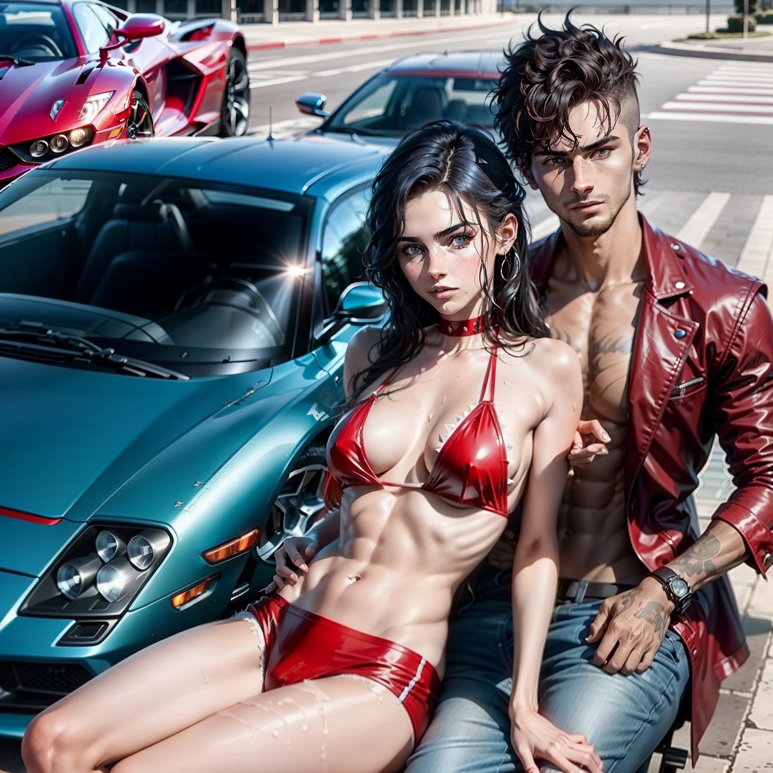 Red and blue colour lamborguini car,five star hotel in background,part of swiming pool in right to the car with a young man with short spiky hair without shirt with girl with long hair put her hand on he's chest