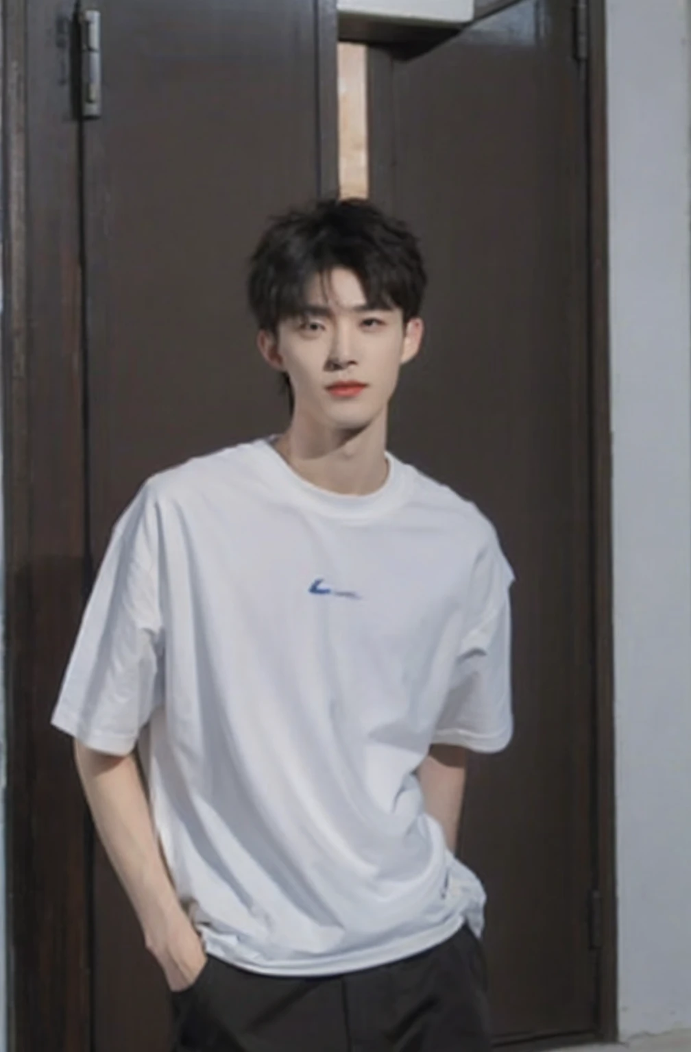 A modern home has opened the front door, (((one boy))), ((the whole body is visible)), he is a man. Far from the viewer. He is beautiful, sexy and young like Korean idol Hyunjin. He is slender, tall and has good style. He has black hair with a parted center. He's looking upwards. He wears a white shirt and black skinny pants.