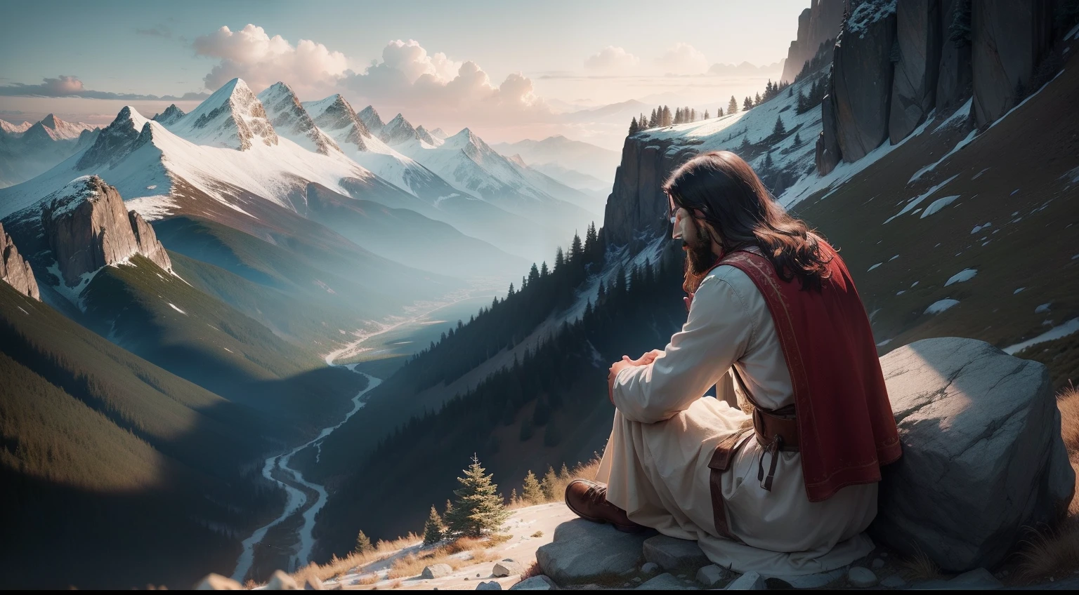 Jesus Christ in the midst of the faithful in the background of some mountains He is sitting on the stone with his hands in motion talking to his faithful