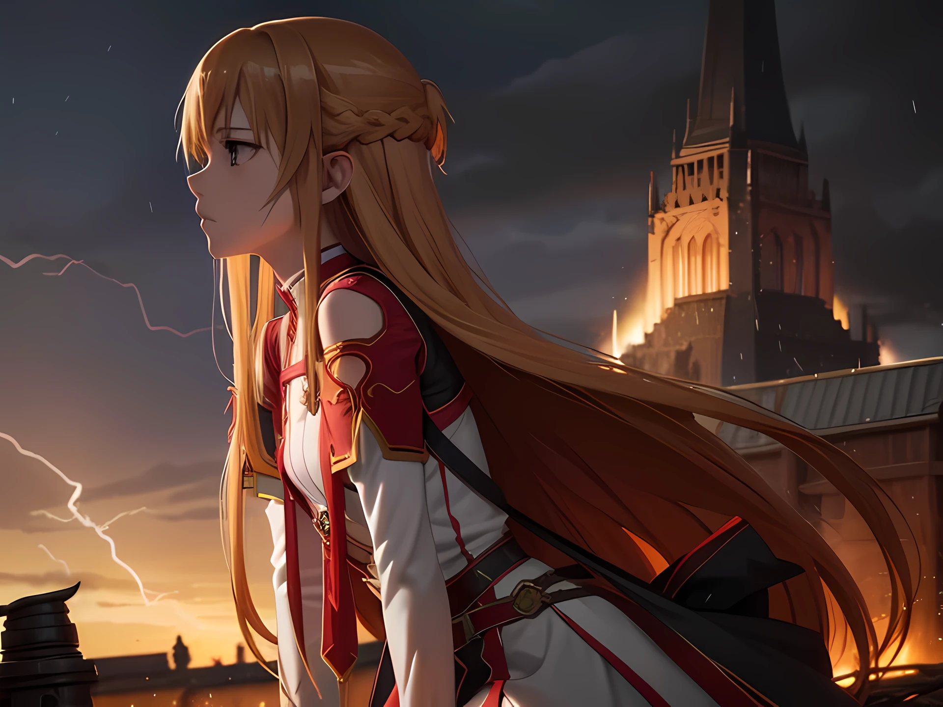 A dark and stormy night in the world of Aincrad. Asuna, the Sword Princess, is fighting a giant monster. The monster is tall and muscular, with sharp claws and teeth. Asuna is smaller than the monster, but she is skilled with her sword. She dodges the monster's attacks and strikes back with her own. The battle is fierce, but Asuna is determined to win. She knows that the fate of Aincrad depends on her.
In the background, the sky is lit up by lightning. The rain pours down, soaking Asuna to the bone. But she doesn't care. She is focused on the battle. She knows that she must defeat the monster, or Aincrad will be destroyed.
Asuna lands a fatal blow to the monster. The monster roars in pain and falls to the ground, dead. Asuna stands victorious, her sword still in her hand. She has saved Aincrad.