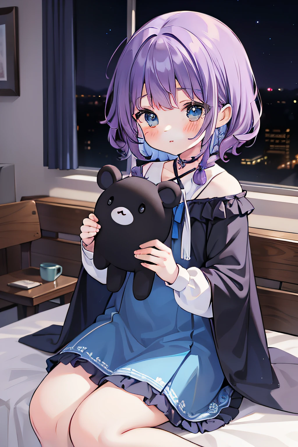 masterpiece, best quality, 1girl, ((purple hair)), short hair, shoulder-length hair, ((curly hair)), (side braid), ((blue eyes)), in the room, small room, bad room, (mess room), (dark room), (unlighted room), in the night, sitting on the chair, (holding a big black stuffed toy with both hands), (long sleeves), frilled, ribbons, blue dress, ((black shawl)), cute, (detail face)