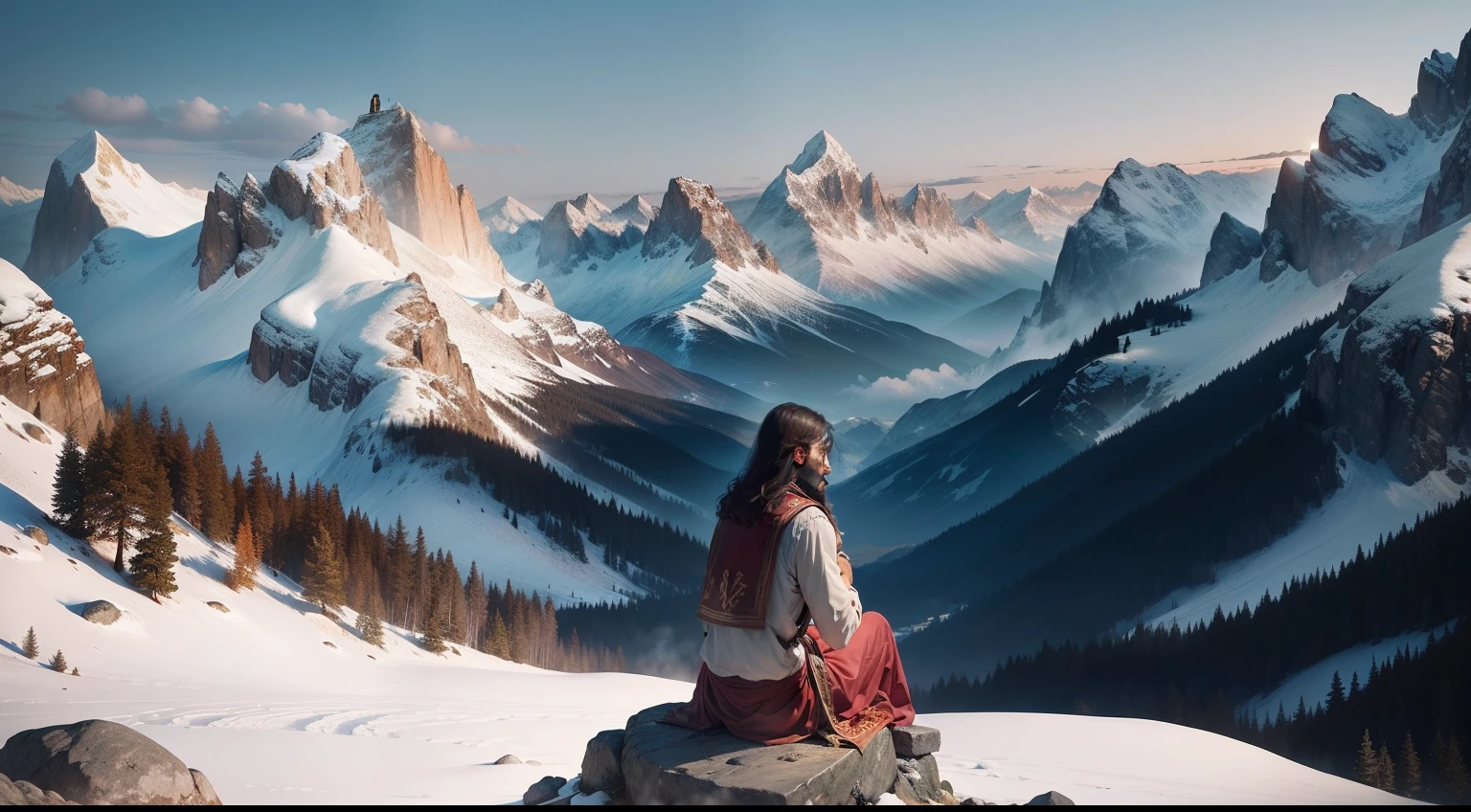 Jesus Christ in the midst of the faithful in the background of some mountains He is sitting on the stone with his hands in motion talking to his faithful
