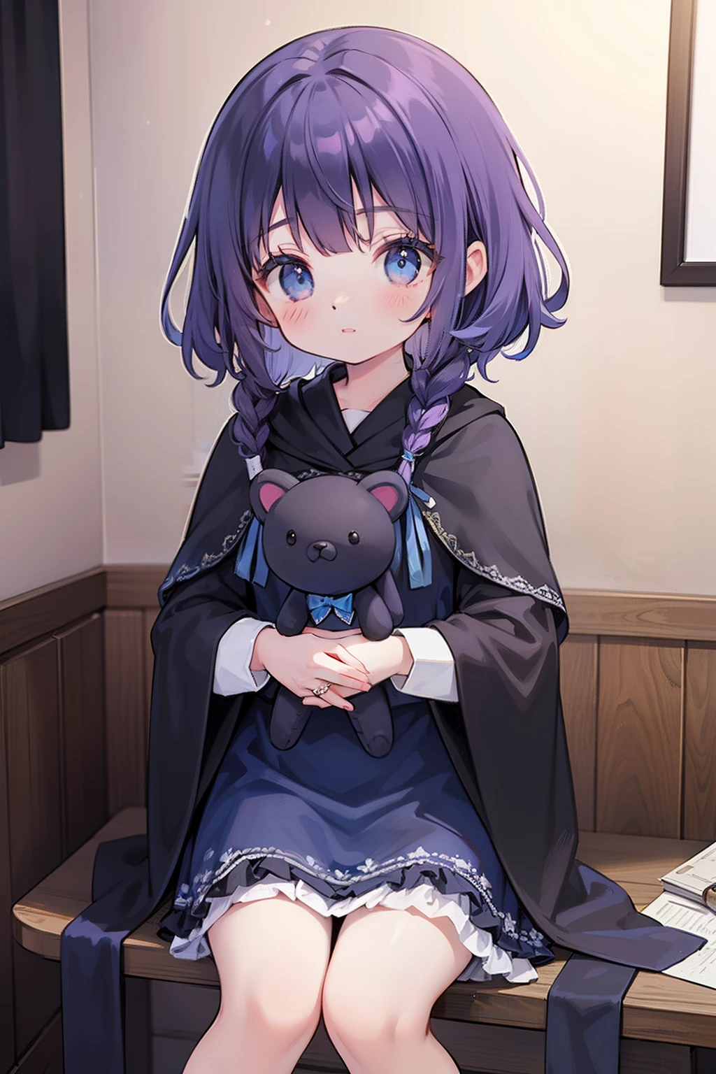 masterpiece, best quality, 1girl, ((purple hair)), short hair, shoulder-length hair, ((curly hair)), (side braid), ((blue eyes)), in the room, small room, bad room, (mess room), (dark room), (unlighted room), in the night, sitting on the chair, (holding a big black stuffed toy with both hands), (long sleeves), frilled, ribbons, blue dress, ((black shawl)), cute, (detail face)