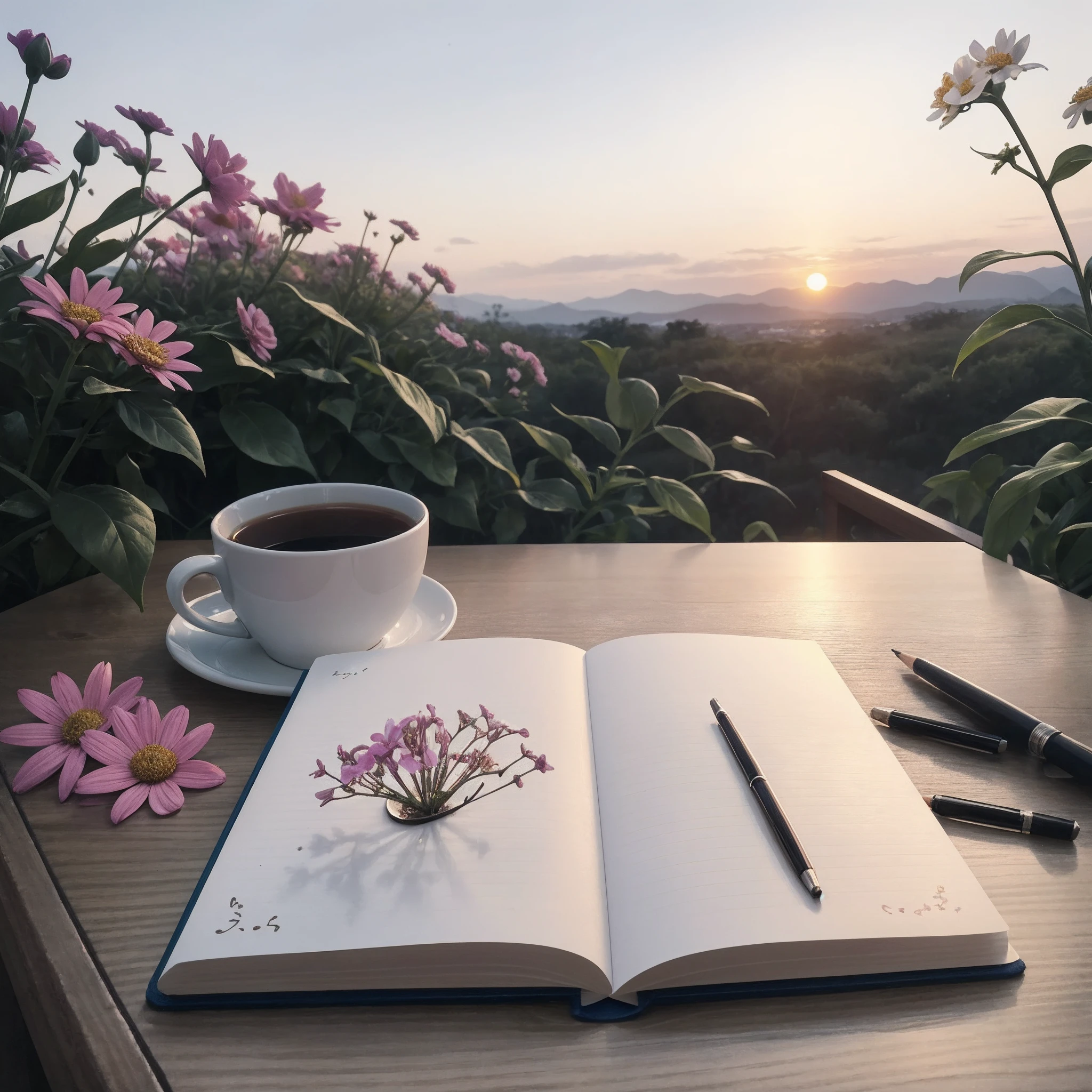 An image of an open gratitude journal with a pencil resting in it, surrounded by small flowers, a cup of tea or coffee, and a soft sunset in the background. This image evokes the idea of taking a quiet moment to reflect and appreciate the little things in life, the image is sharp and attractive, with a visual balance that is pleasing to the eye.