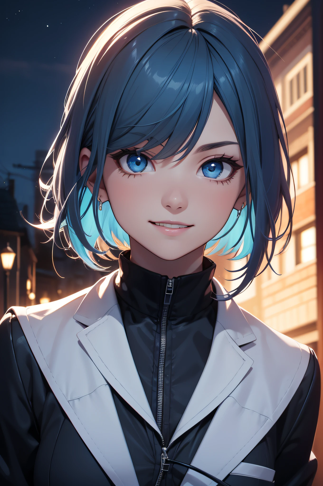 Best Quality、in 8K、32K、masutepiece、ultra-detailliert、超A high resolution、Impresionismo、Photorealsitic:1.2)、Dynamic lighting、dynamic shot、Detailed 3D rendering、Moody lighting、Detailed beautiful face and eyes、A slender、Medium bust、Full body、 Highly detailed background beauty face、Night sky background、20-year-old beauty、super detailed skin、Light blue hair、Long、Blue eyes、miscievous smile、Clothes are school uniforms